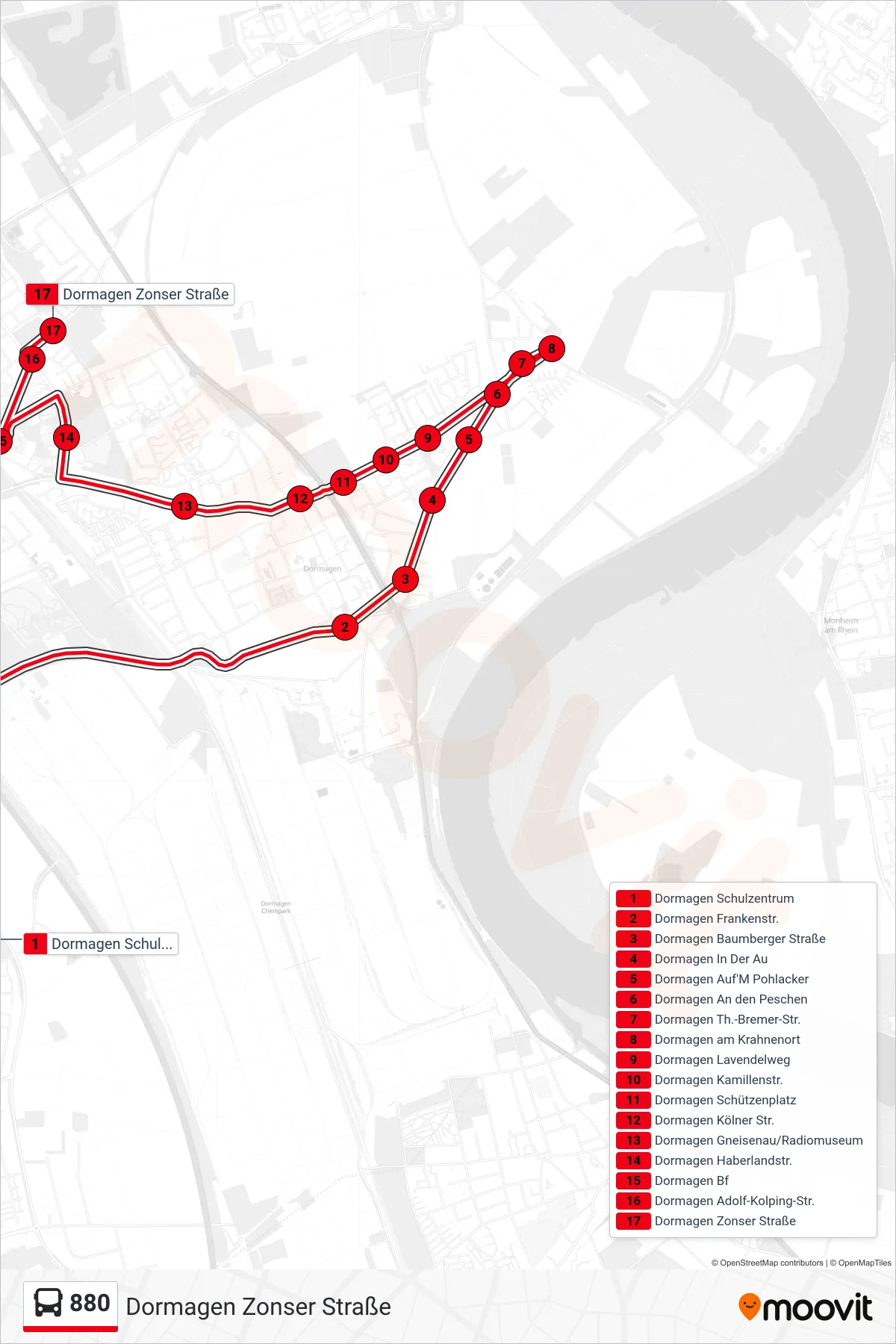 880 bus Line (Dormagen Zonser Straße) route and stops on a map