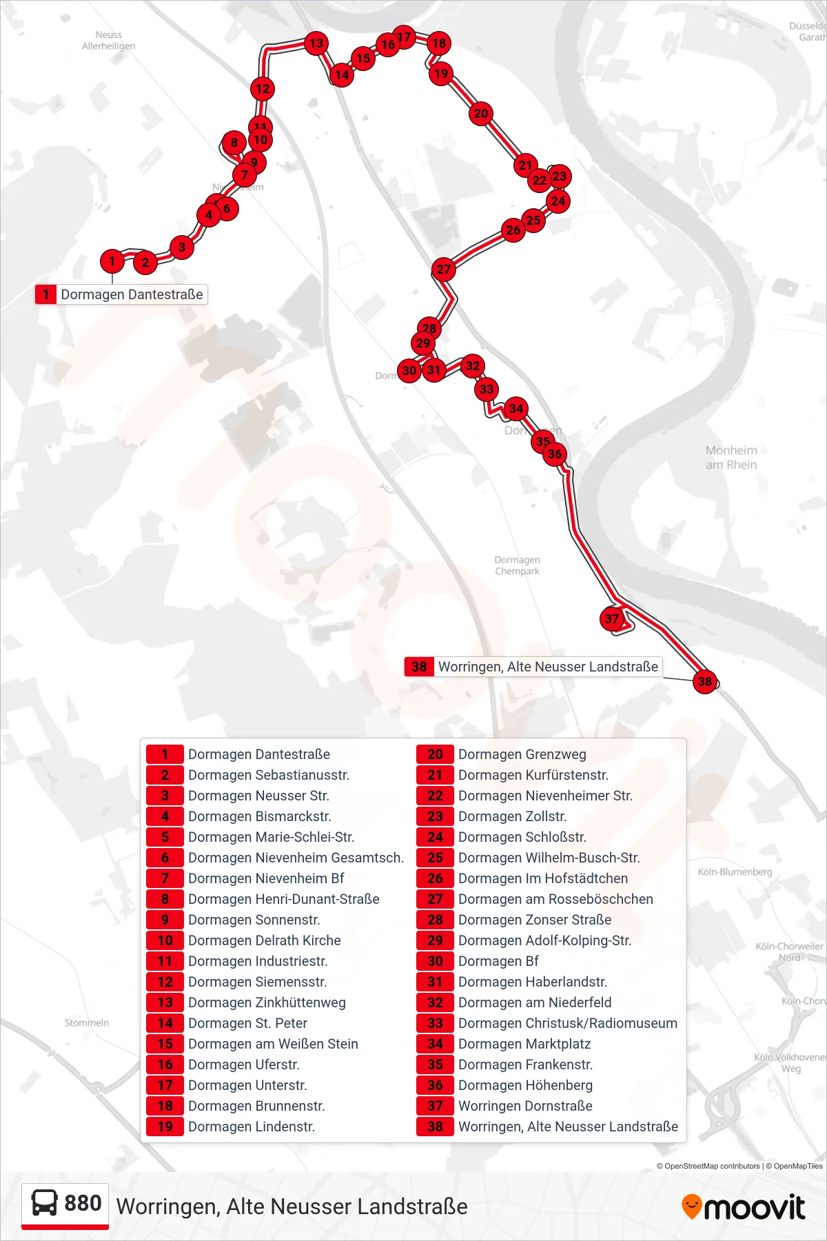 880 bus Line (Worringen, Alte Neusser Landstraße) route and stops on a map