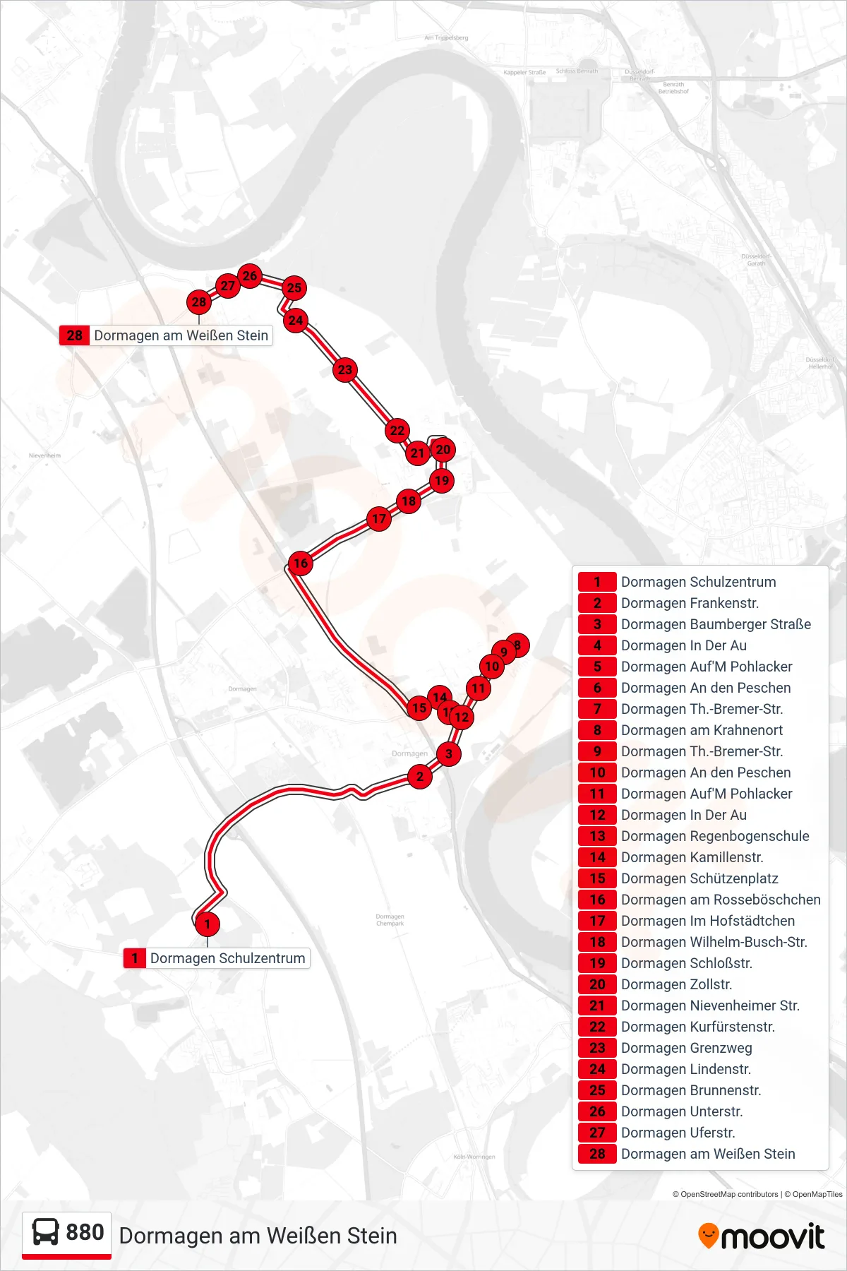 880 bus Line (Dormagen am Weißen Stein) route and stops on a map