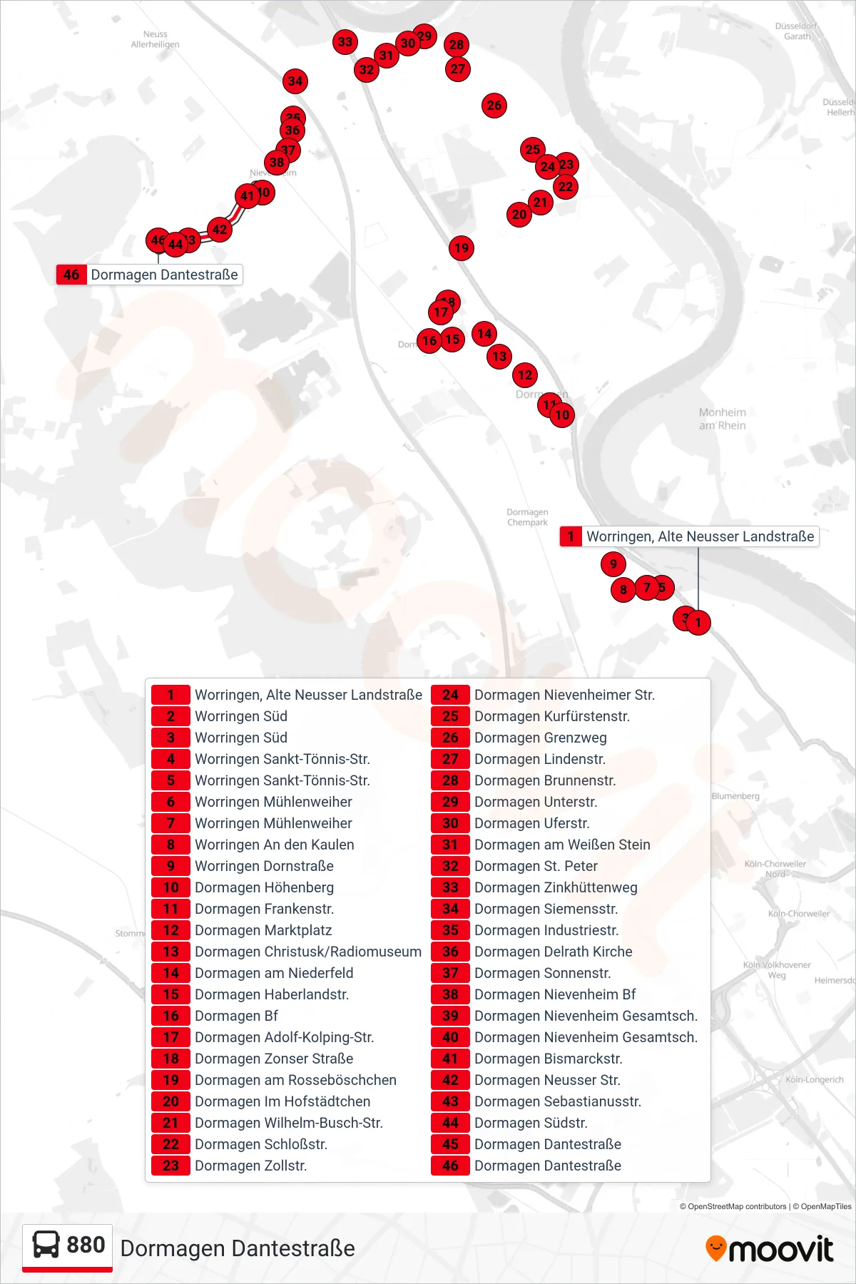 Linie 880 (Bus) Richtung Dormagen Dantestraße: Route und Haltestellen auf der Karte