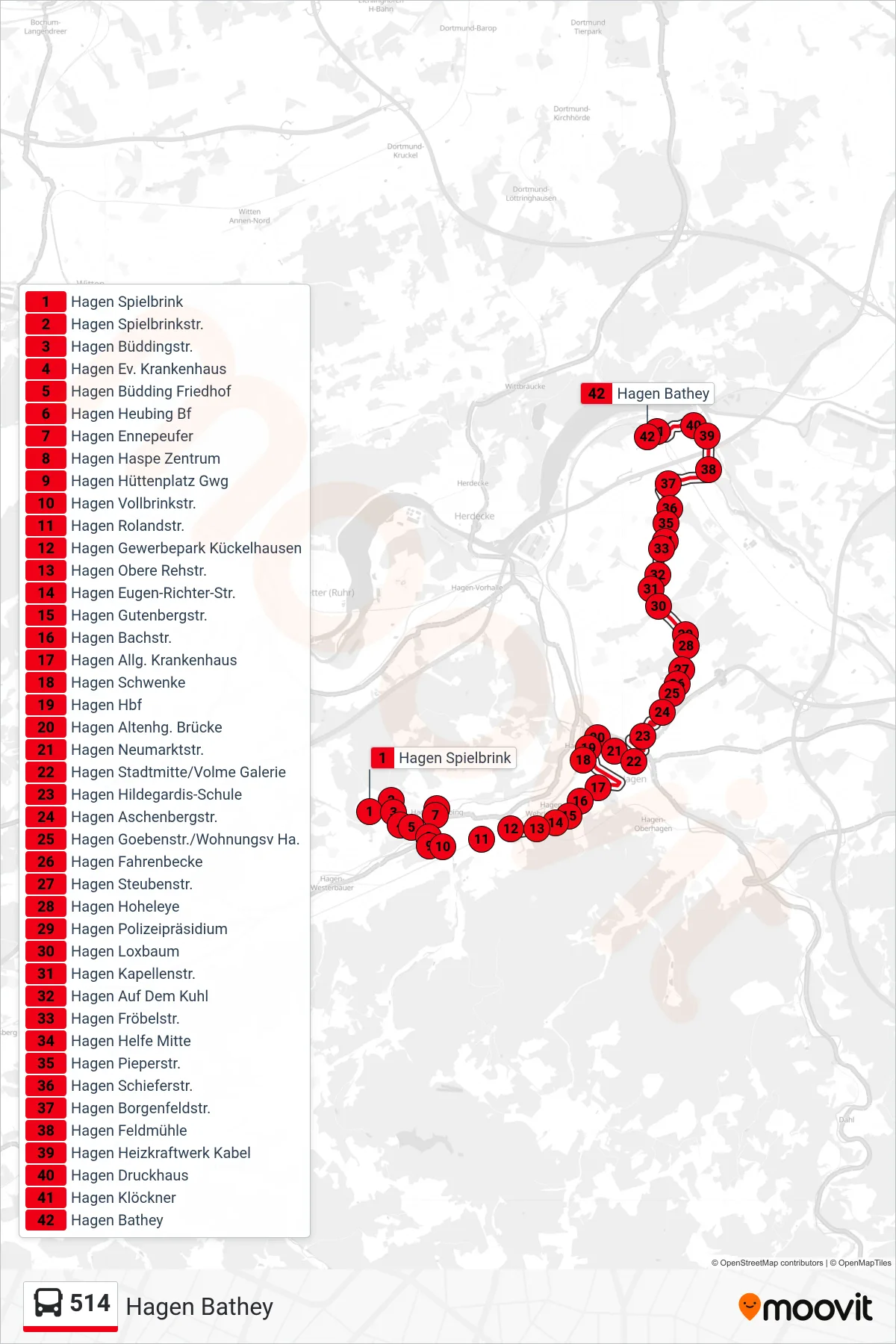 514 bus Line (Hagen Bathey) route and stops on a map