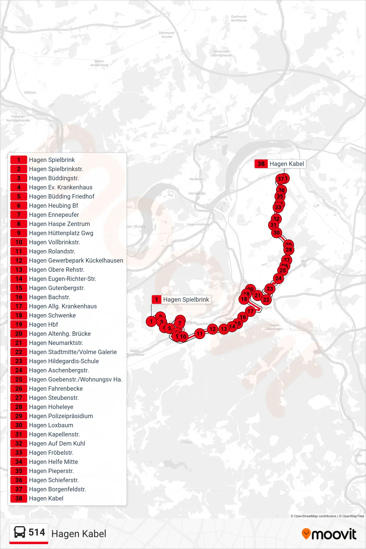 Linie 514 (Bus) Richtung Hagen Kabel: Route und Haltestellen auf der Karte