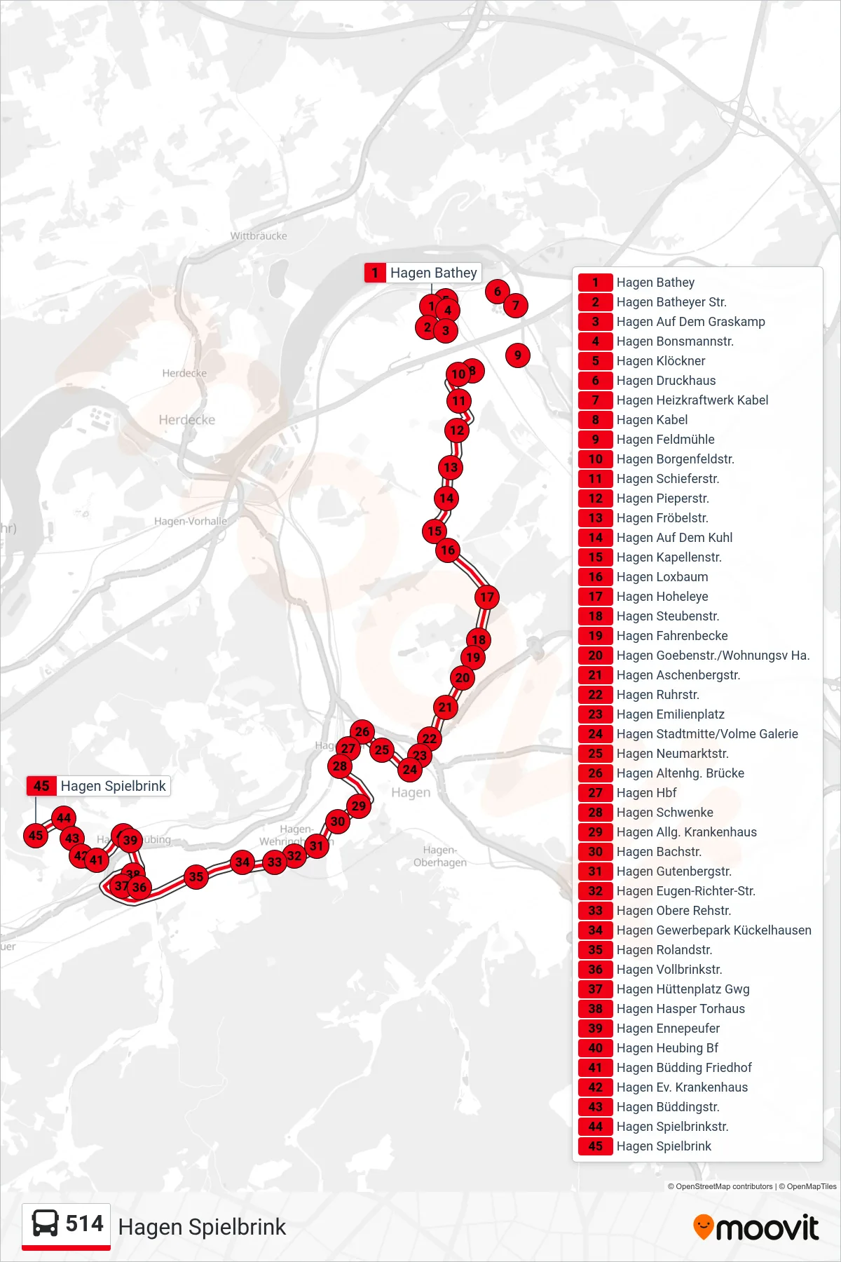 514 bus Line (Hagen Spielbrink) route and stops on a map