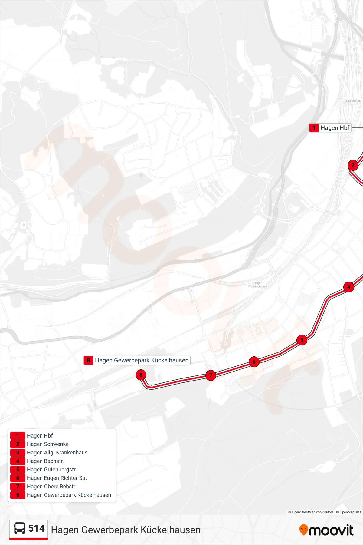 514 bus Line (Hagen Gewerbepark Kückelhausen) route and stops on a map