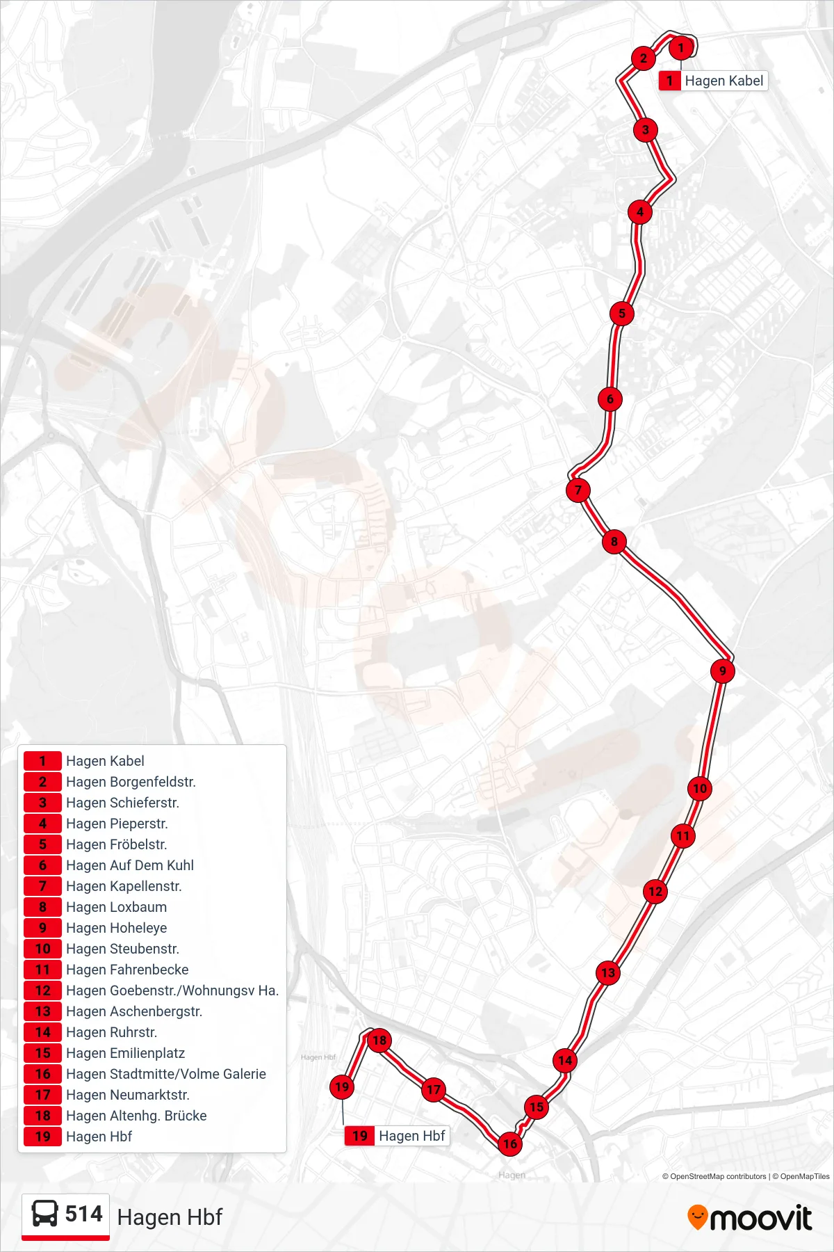 Linie 514 (Bus) Richtung Hagen Hbf: Route und Haltestellen auf der Karte