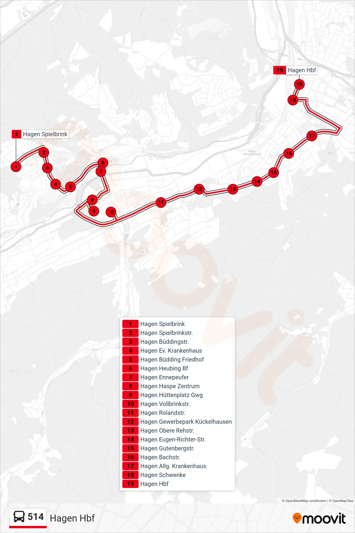 Linie 514 (Bus) Richtung Hagen Hbf: Route und Haltestellen auf der Karte