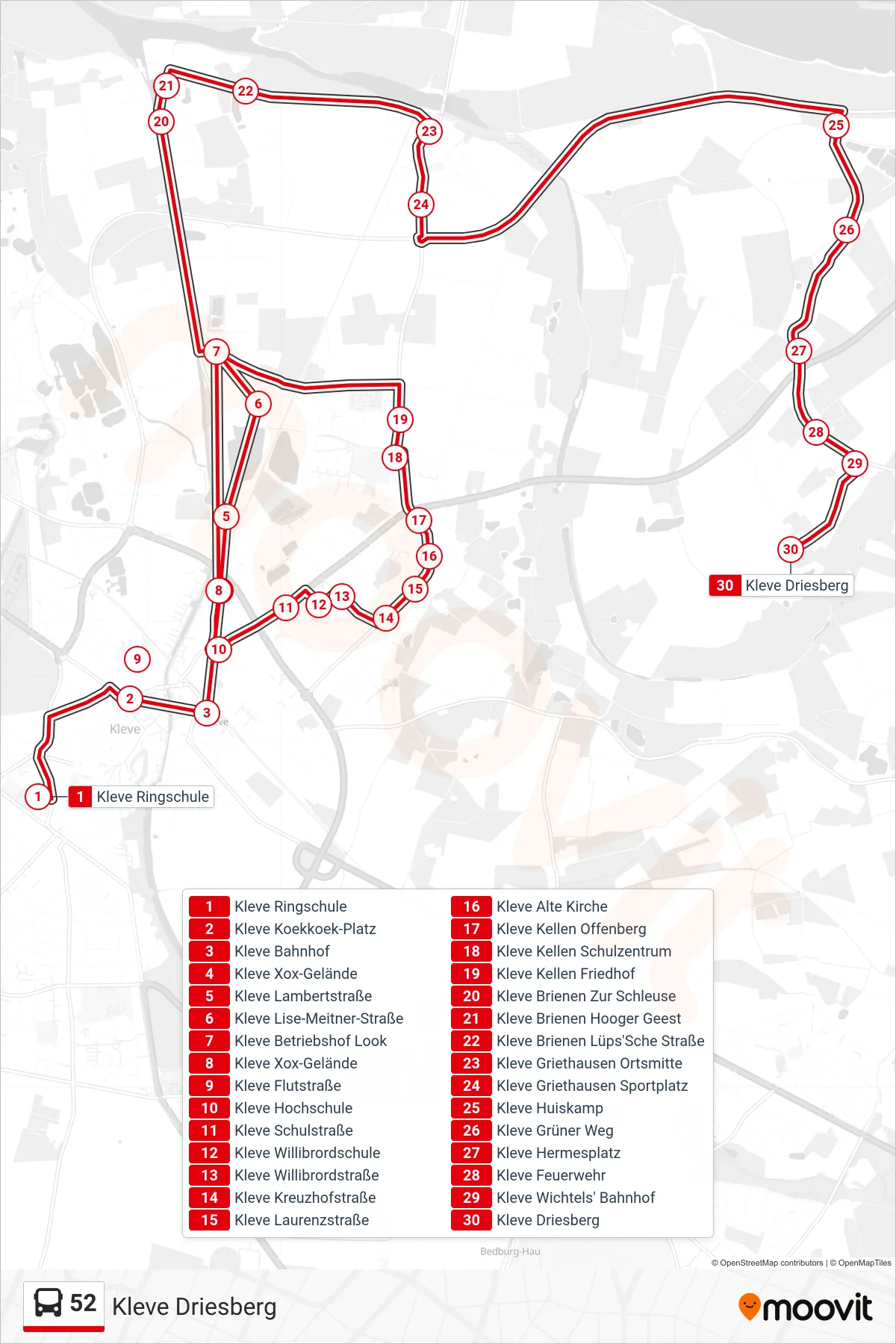 Linie 52 (Bus) Richtung Kleve Driesberg: Route und Haltestellen auf der Karte