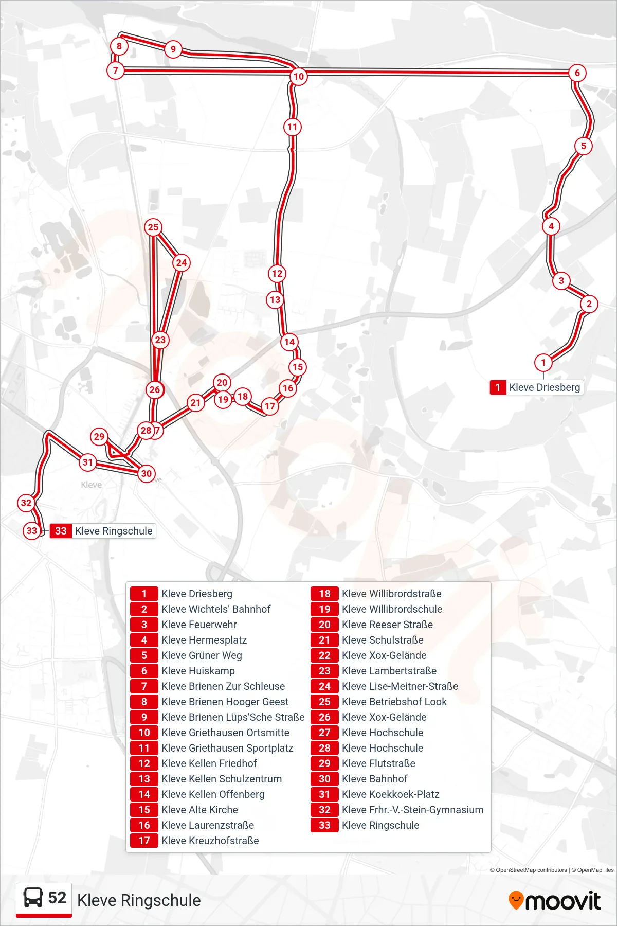 52 bus Line (Kleve Ringschule) route and stops on a map
