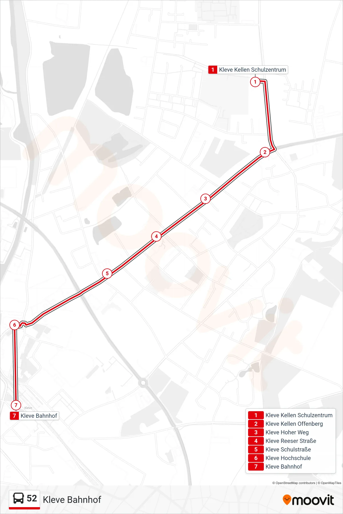 Linie 52 (Bus) Richtung Kleve Bahnhof: Route und Haltestellen auf der Karte