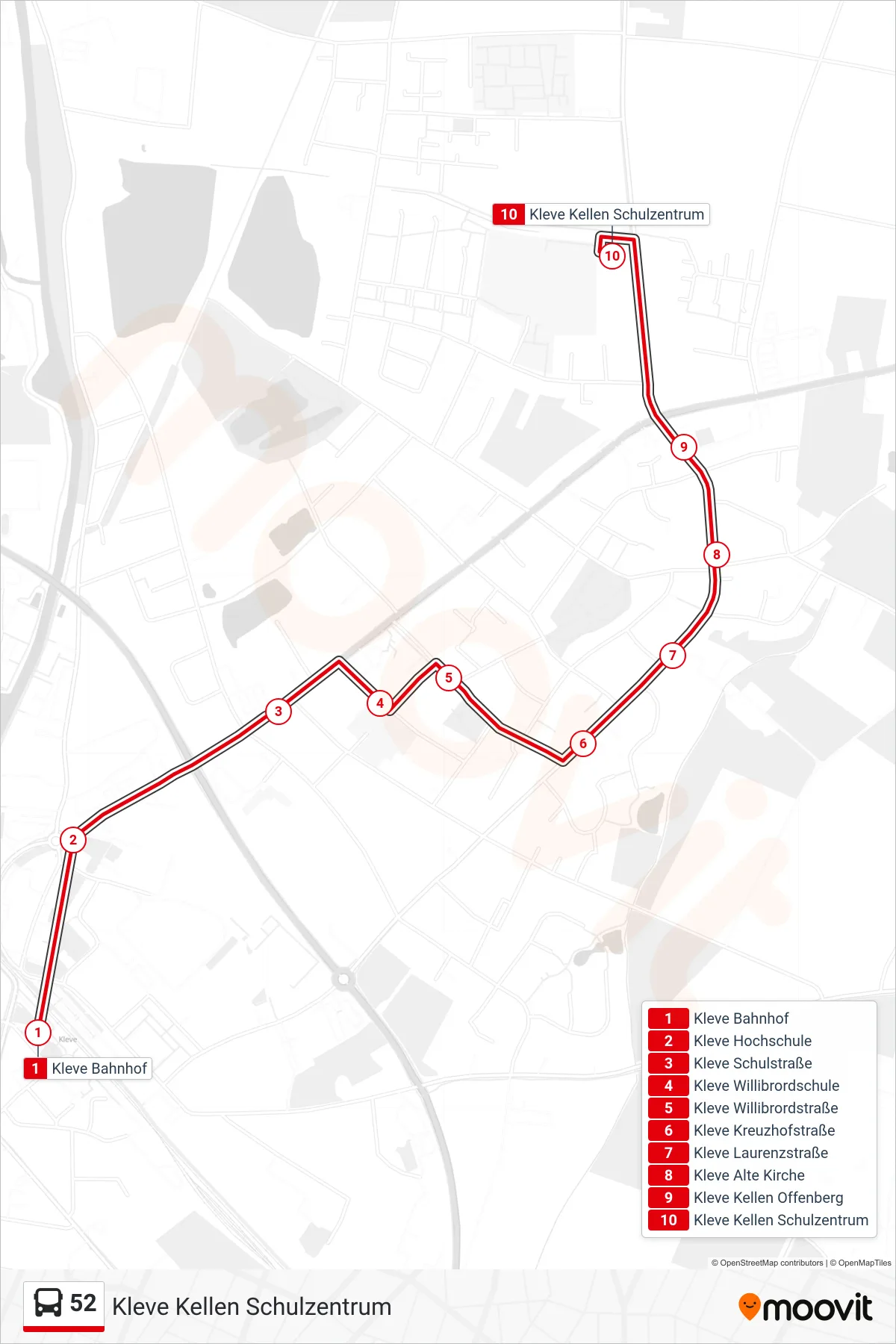 52 bus Line (Kleve Kellen Schulzentrum) route and stops on a map