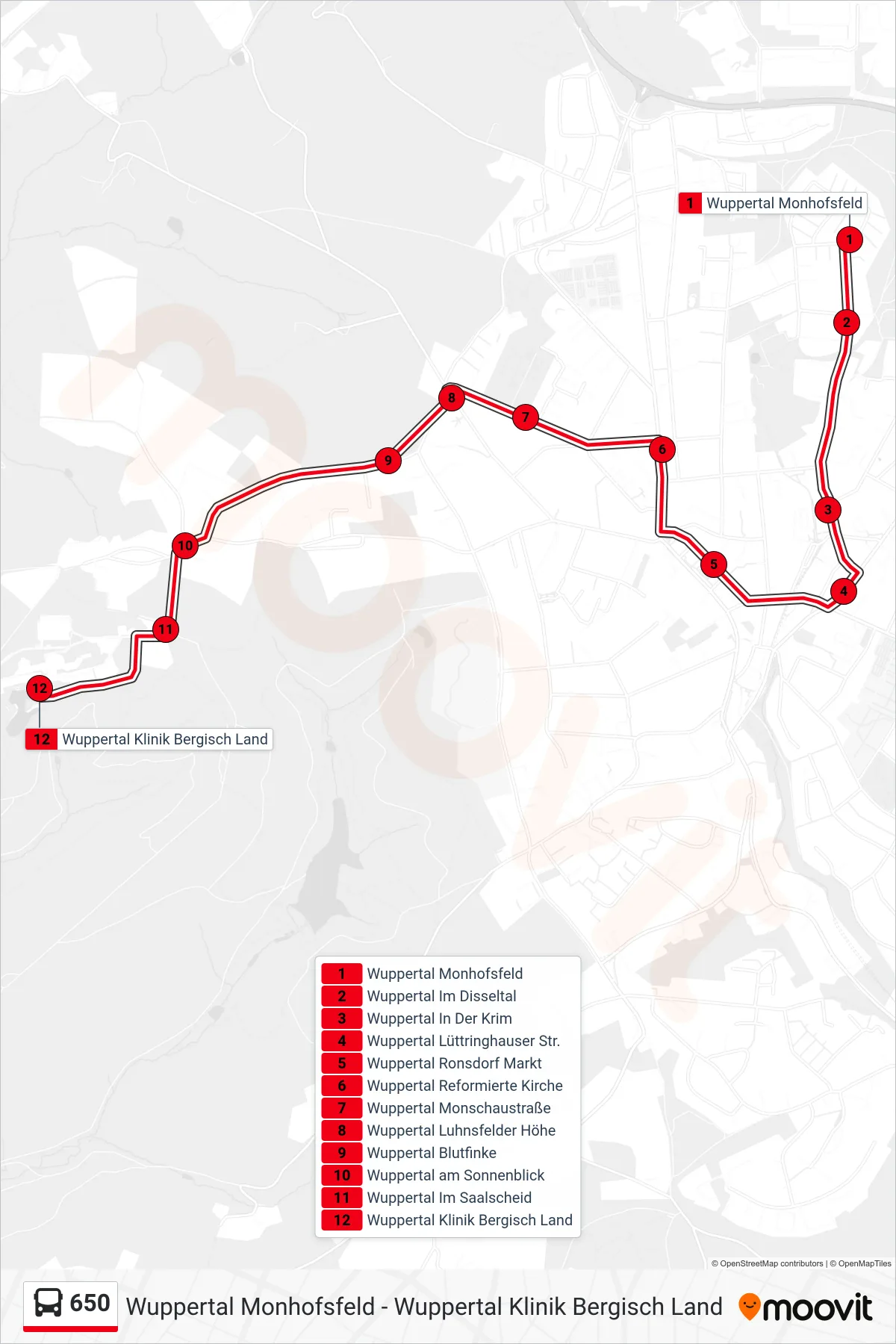 Linie 650 (Bus) Richtung Wuppertal Klinik Bergisch Land: Route und Haltestellen auf der Karte