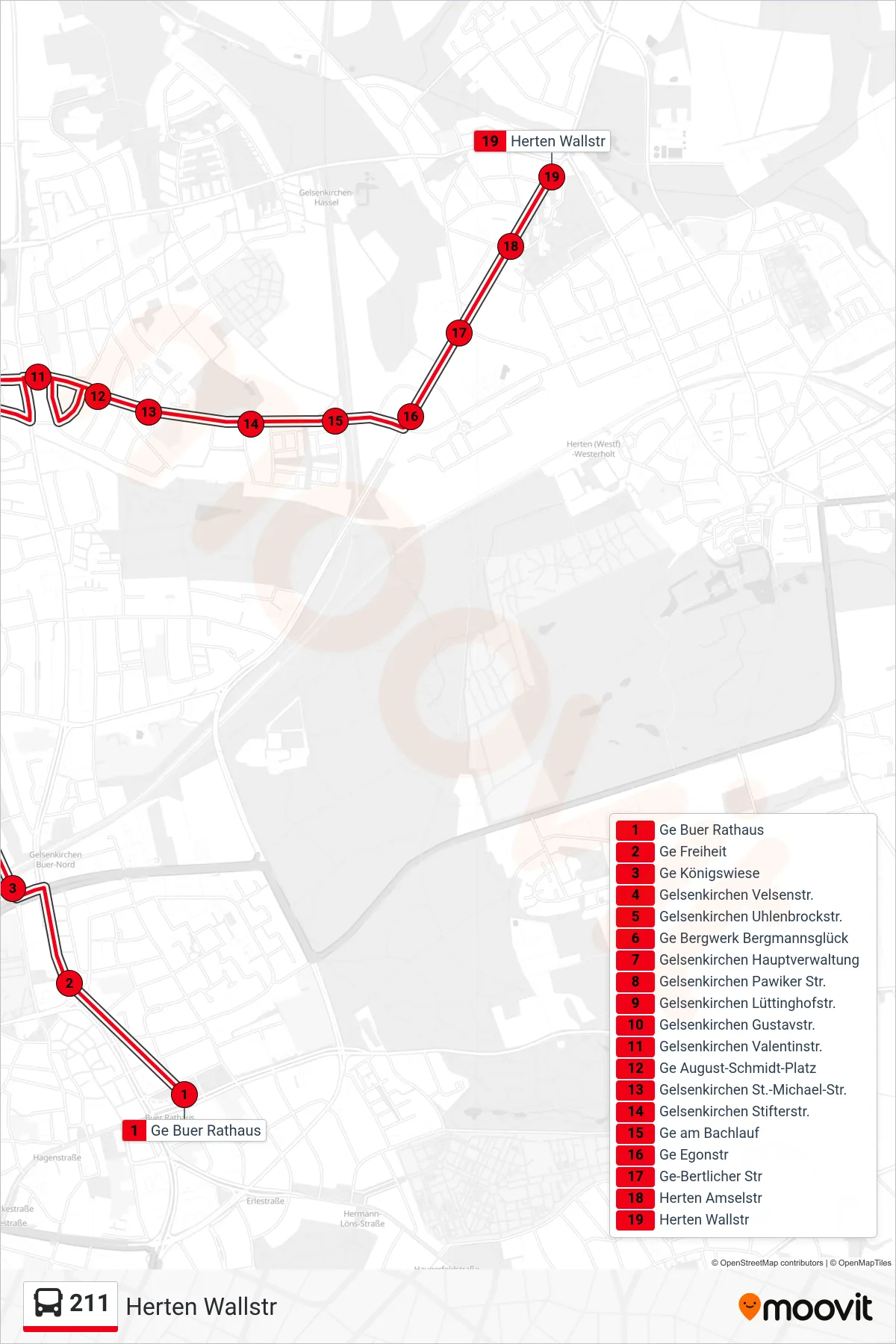 Linie 211 (Bus) Richtung Herten Wallstr: Route und Haltestellen auf der Karte