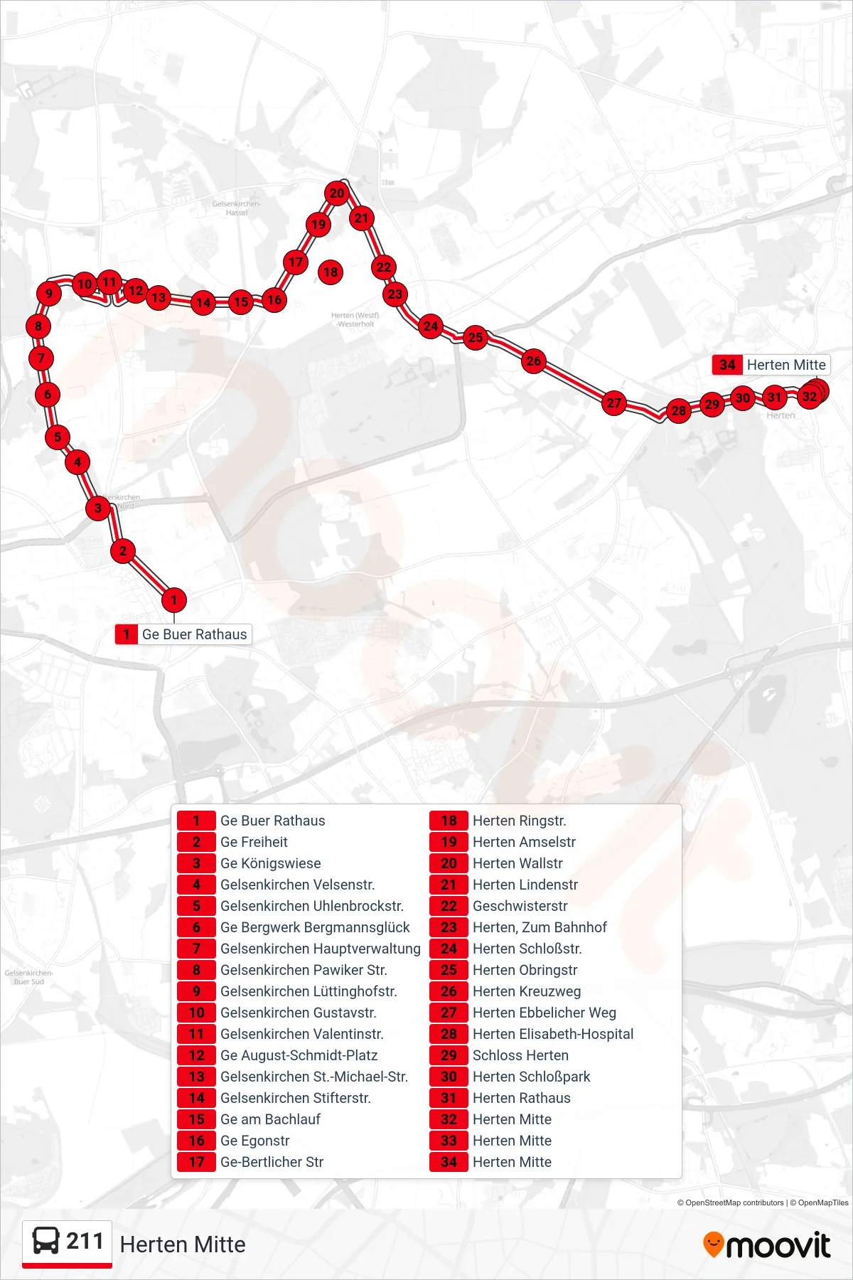 Linie 211 (Bus) Richtung Herten Mitte: Route und Haltestellen auf der Karte
