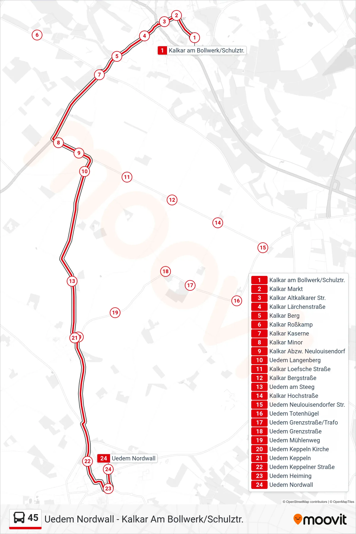 Linie 45 (Bus) Richtung Uedem Nordwall: Route und Haltestellen auf der Karte