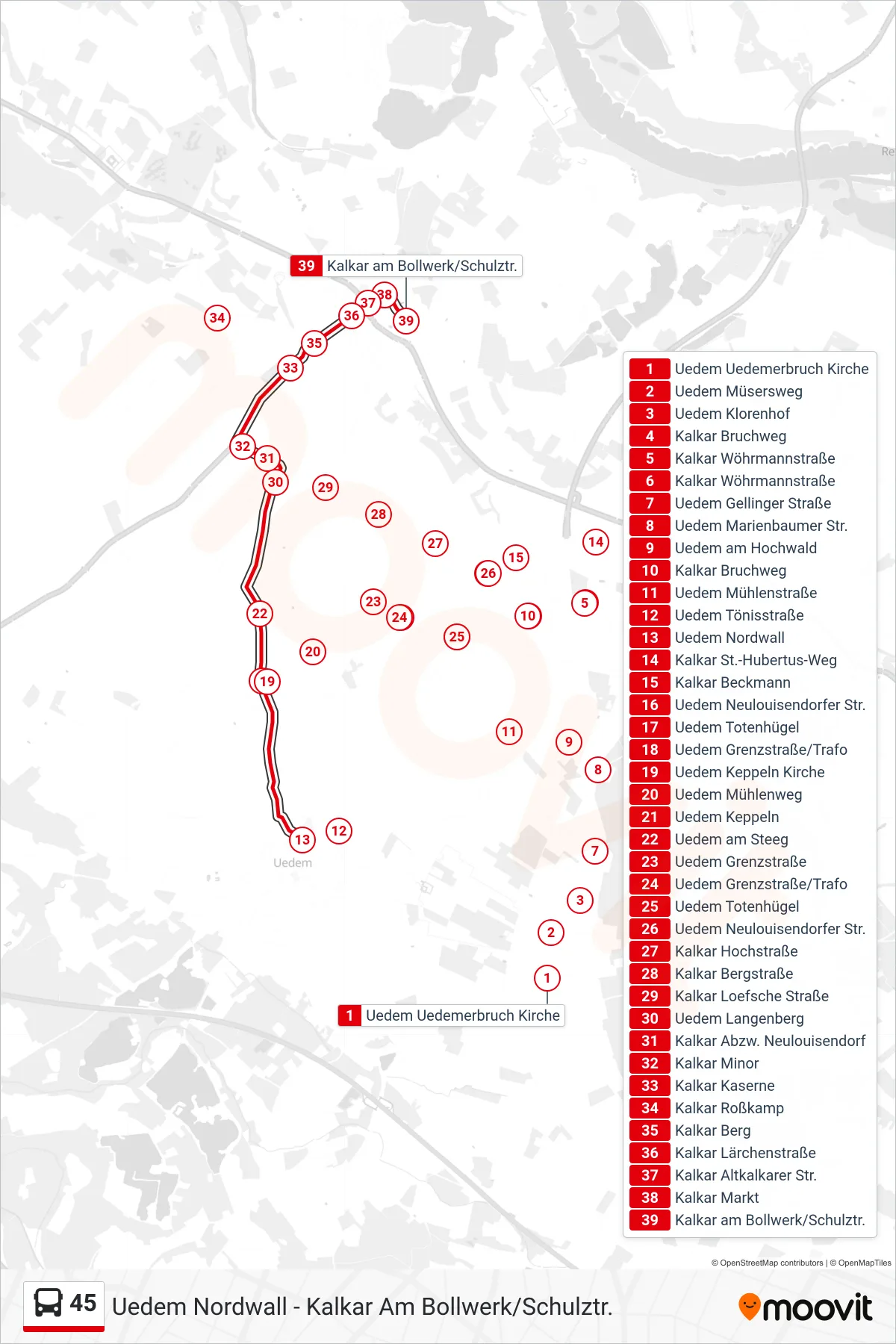 Linie 45 (Bus) Richtung Kalkar am Bollwerk/Schulztr.: Route und Haltestellen auf der Karte