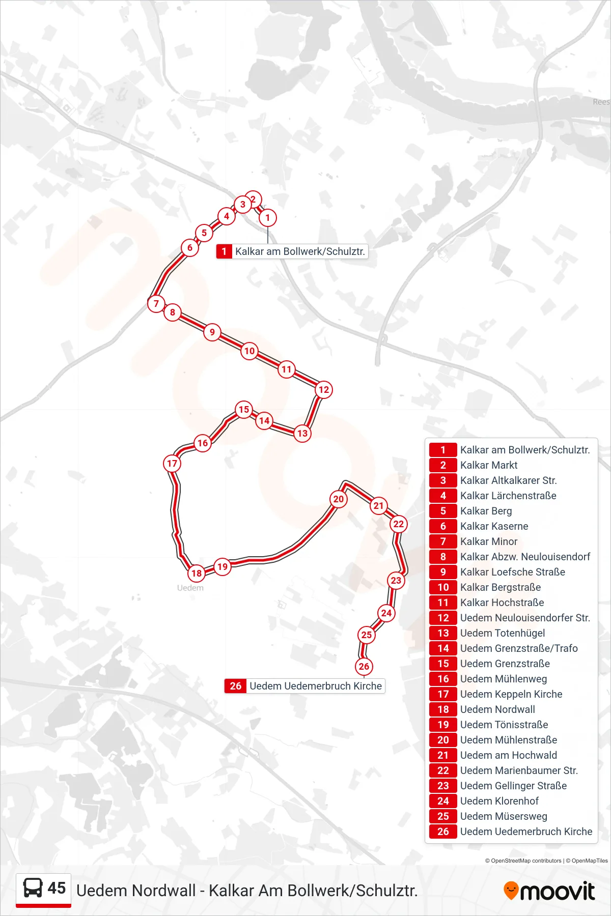 45 bus Line (Uedem Uedemerbruch Kirche) route and stops on a map