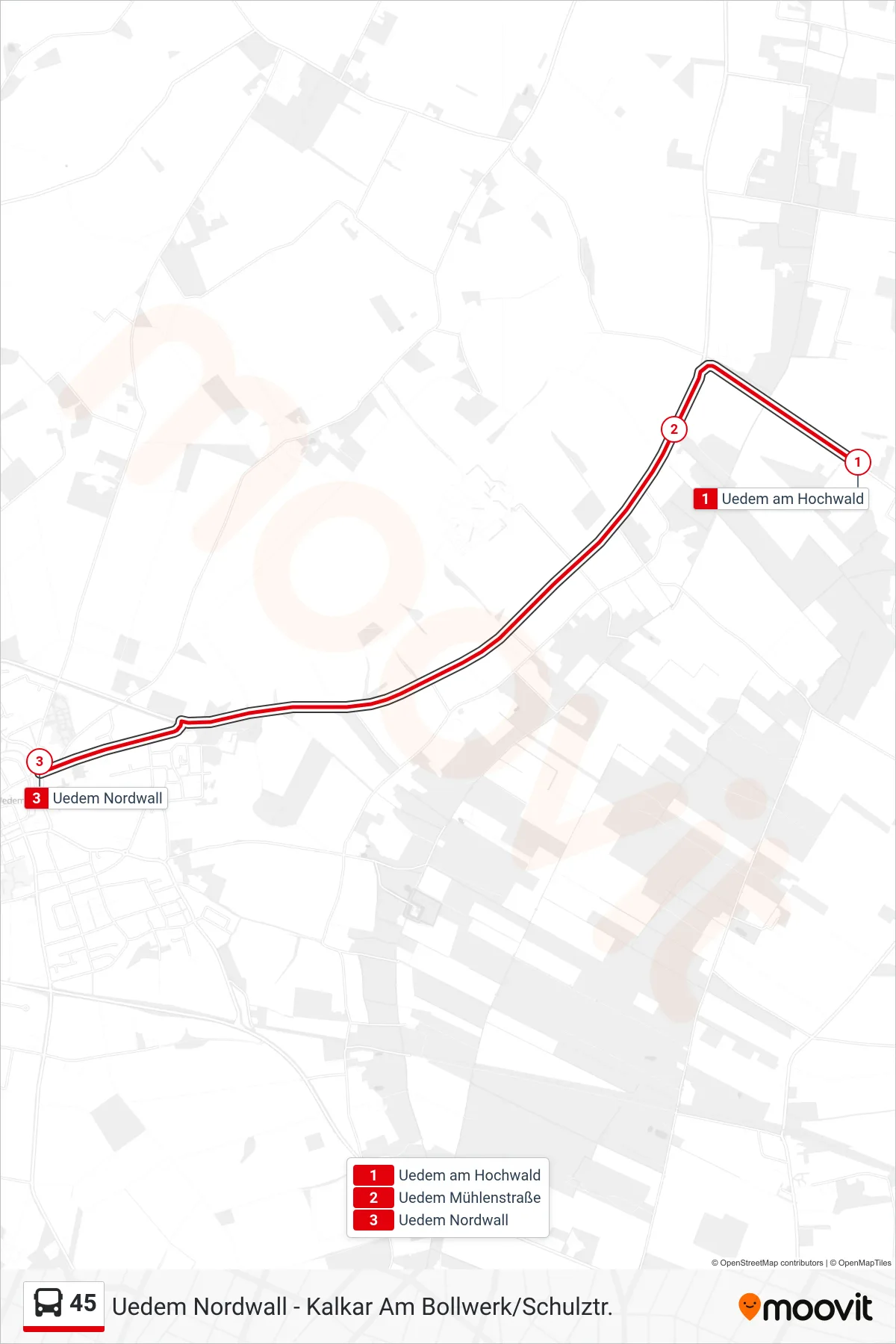 Linie 45 (Bus) Richtung Uedem Nordwall: Route und Haltestellen auf der Karte
