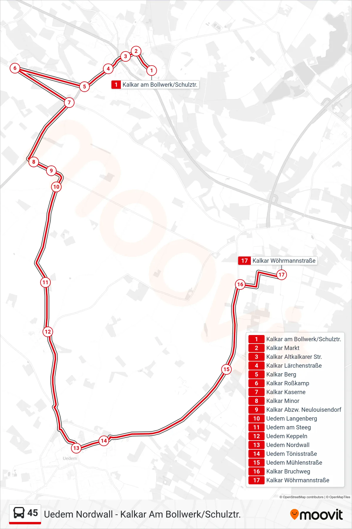 Linie 45 (Bus) Richtung Kalkar Wöhrmannstraße: Route und Haltestellen auf der Karte