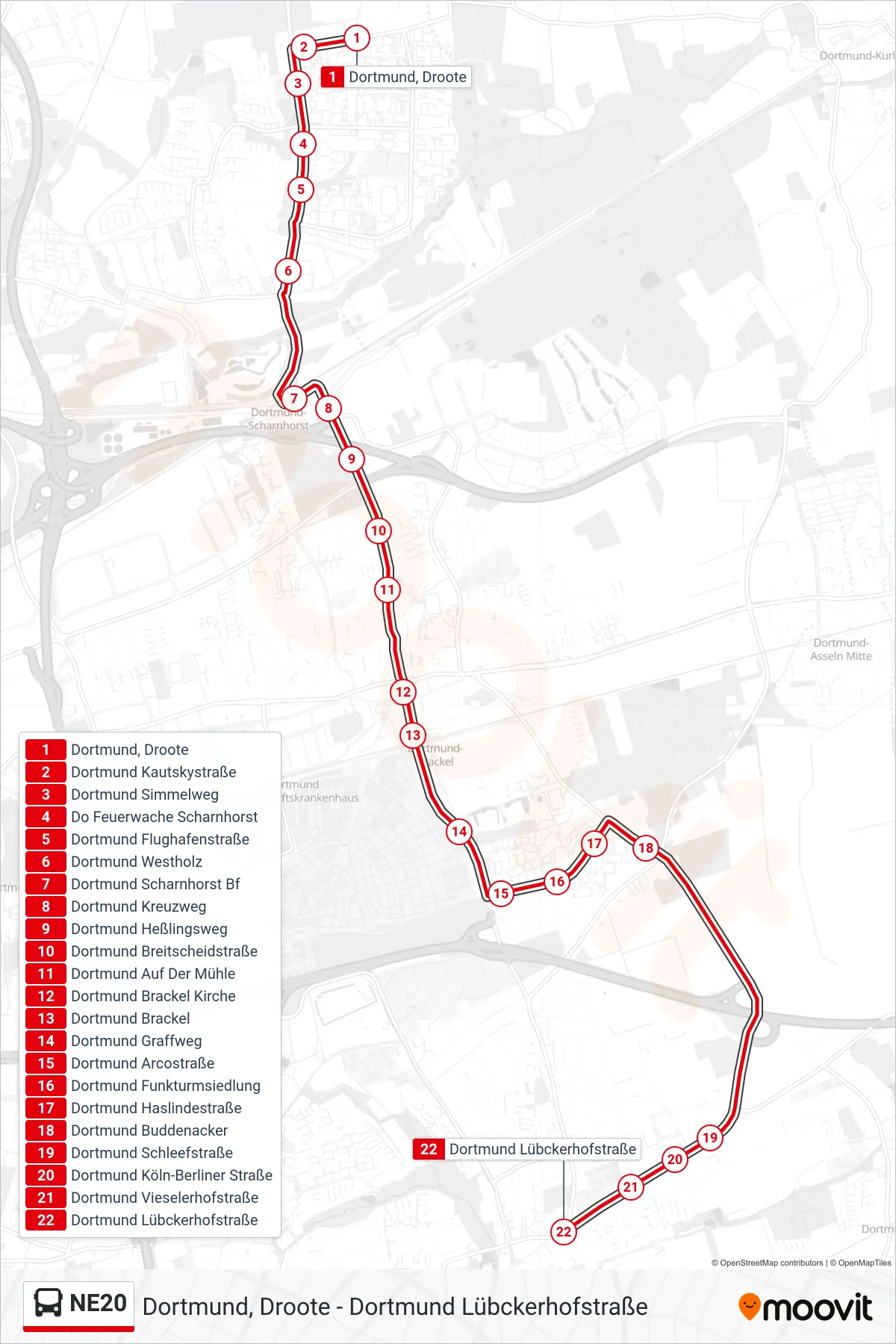 NE20 bus Line (Dortmund Lübckerhofstraße) route and stops on a map
