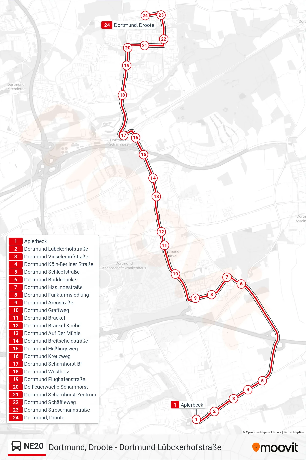 Linie NE20 (Bus) Richtung Dortmund, Droote: Route und Haltestellen auf der Karte