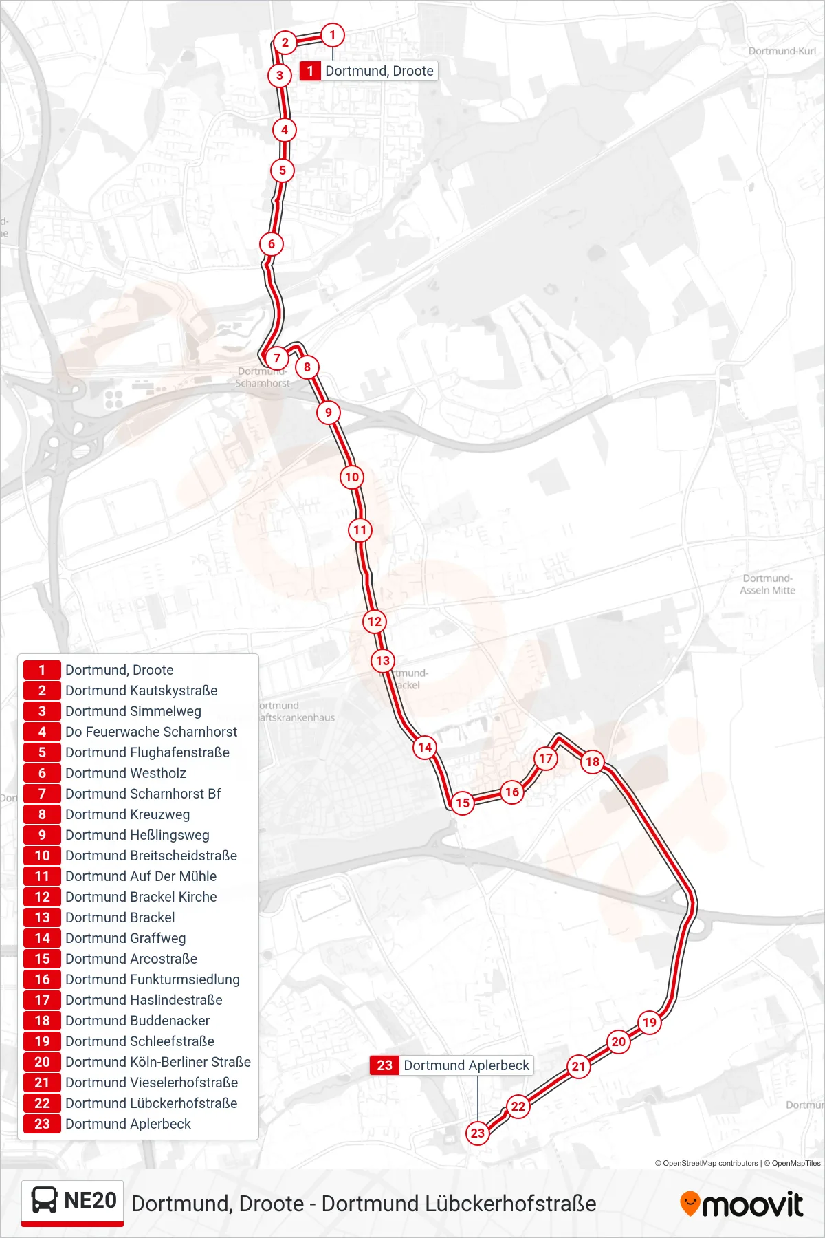 NE20 bus Line (Dortmund Aplerbeck) route and stops on a map
