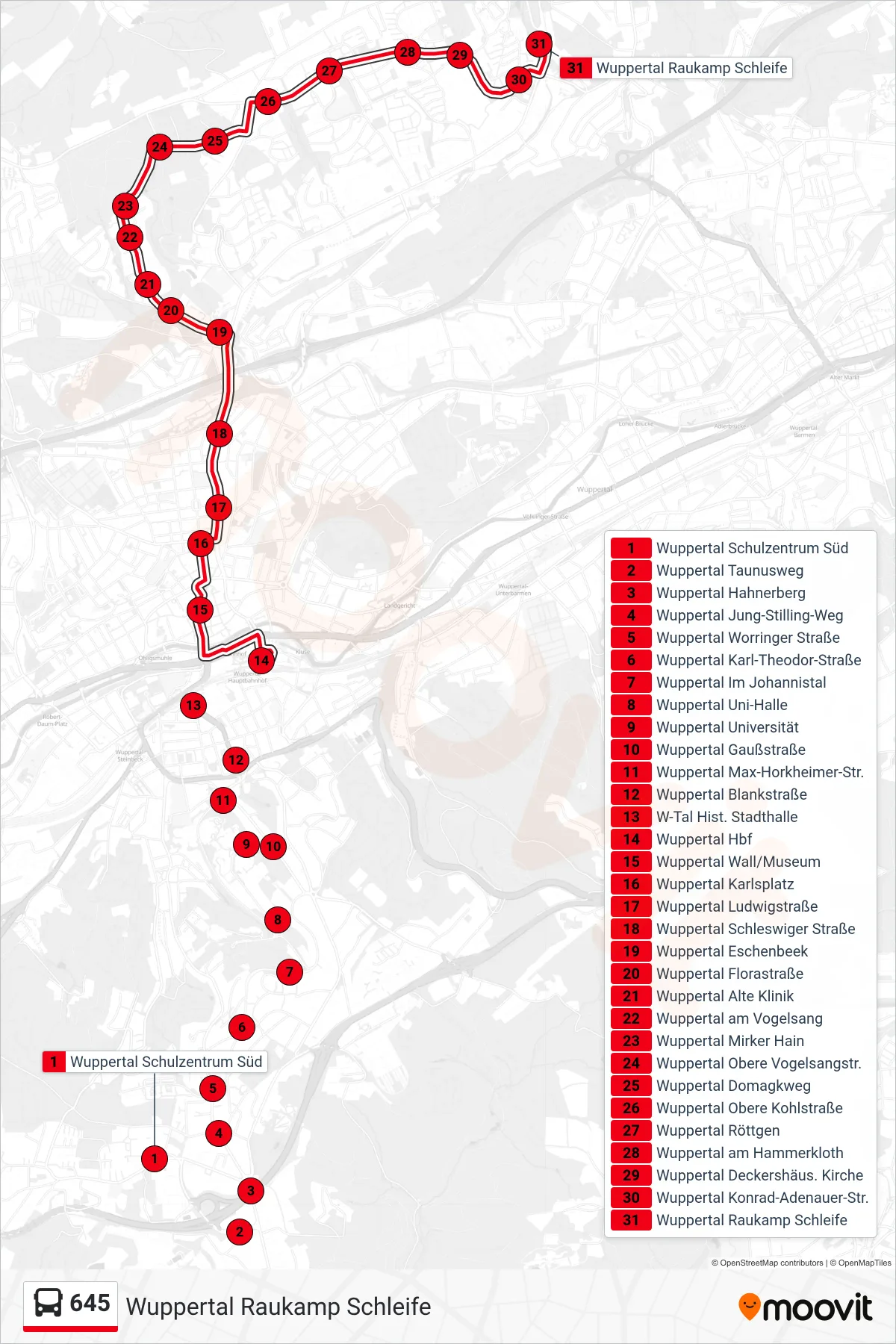 Linie 645 (Bus) Richtung Wuppertal Raukamp Schleife: Route und Haltestellen auf der Karte