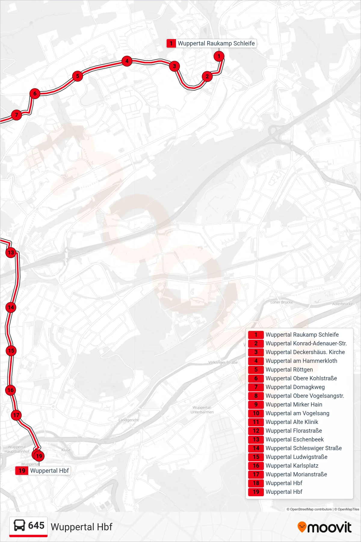 Linie 645 (Bus) Richtung Wuppertal Hbf: Route und Haltestellen auf der Karte