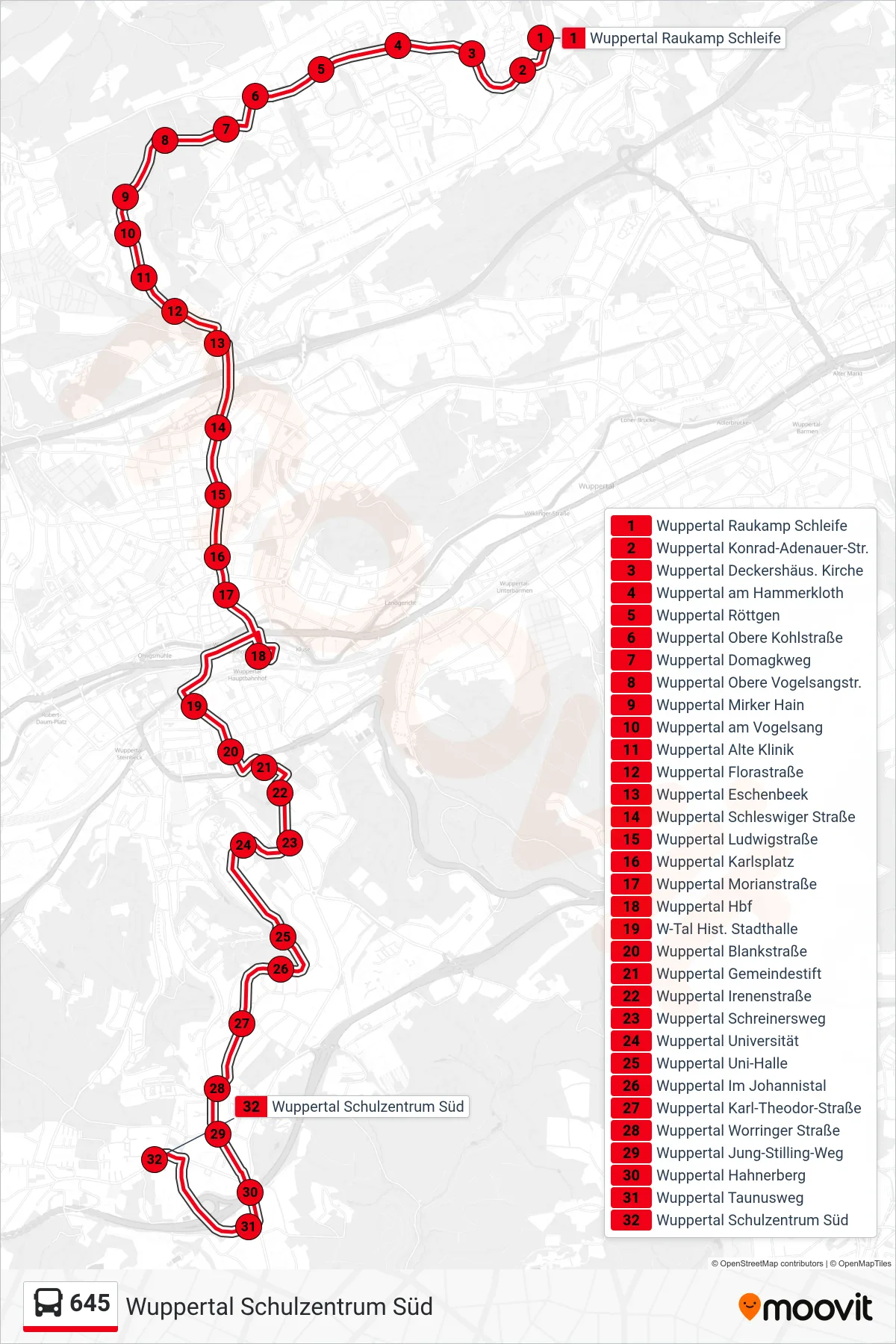 Linie 645 (Bus) Richtung Wuppertal Schulzentrum Süd: Route und Haltestellen auf der Karte