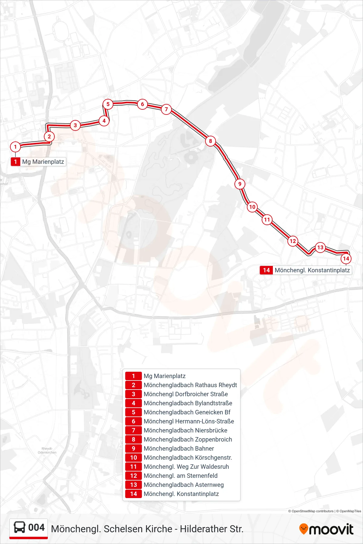 Linie 004 (Bus) Richtung Mönchengl. Konstantinplatz: Route und Haltestellen auf der Karte