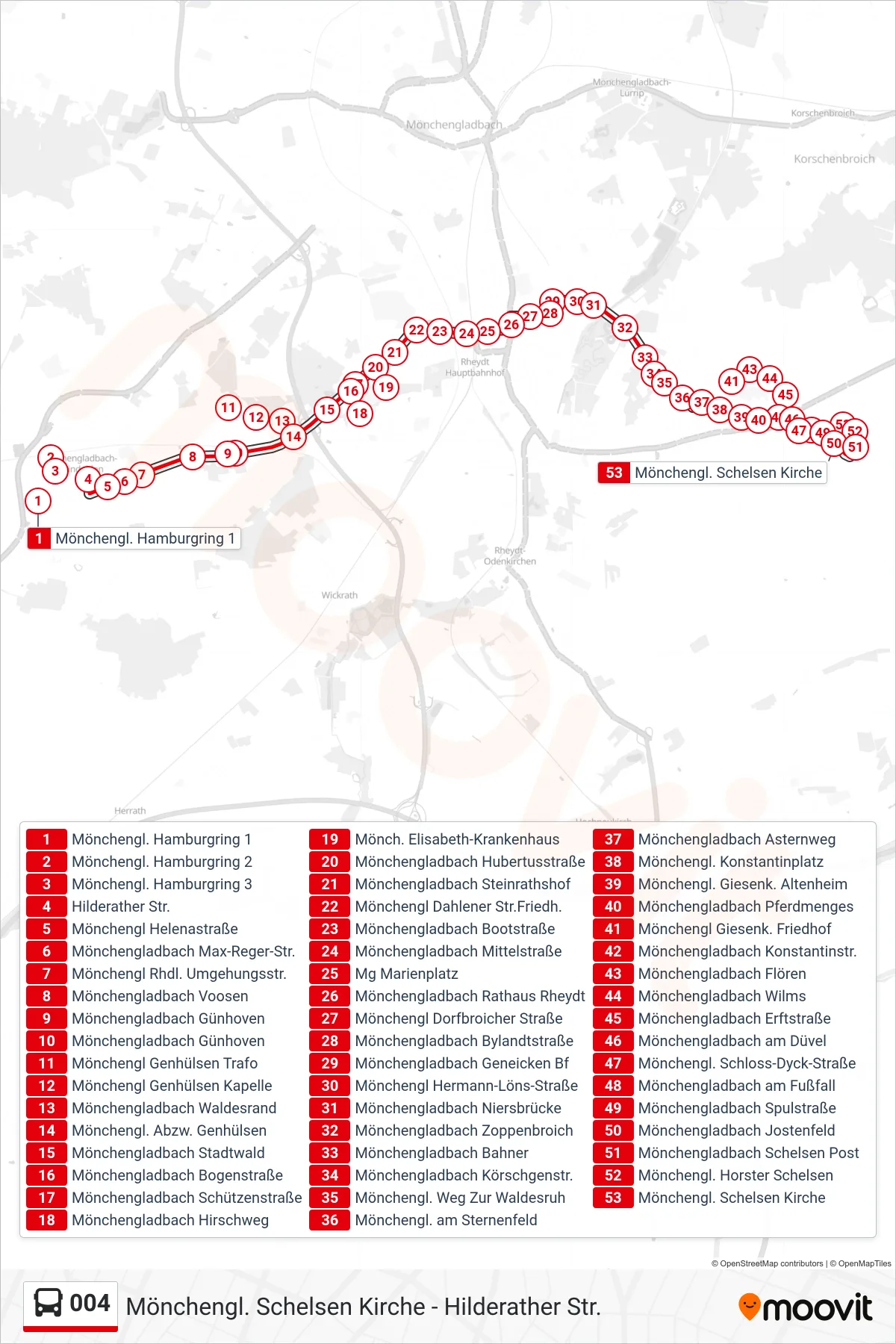 Linie 004 (Bus) Richtung Mönchengl. Schelsen Kirche: Route und Haltestellen auf der Karte