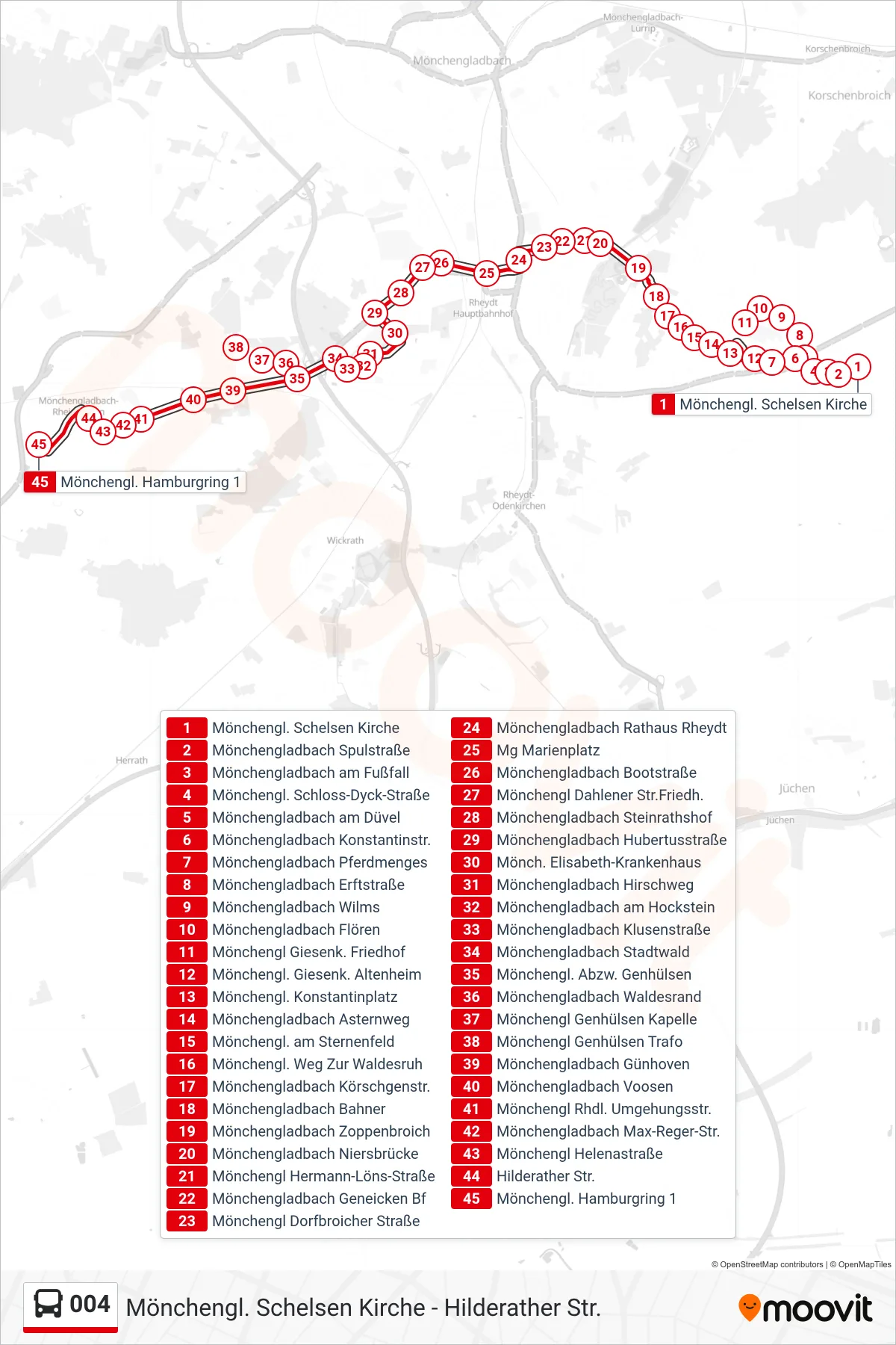 Linie 004 (Bus) Richtung Mönchengl. Hamburgring 1: Route und Haltestellen auf der Karte