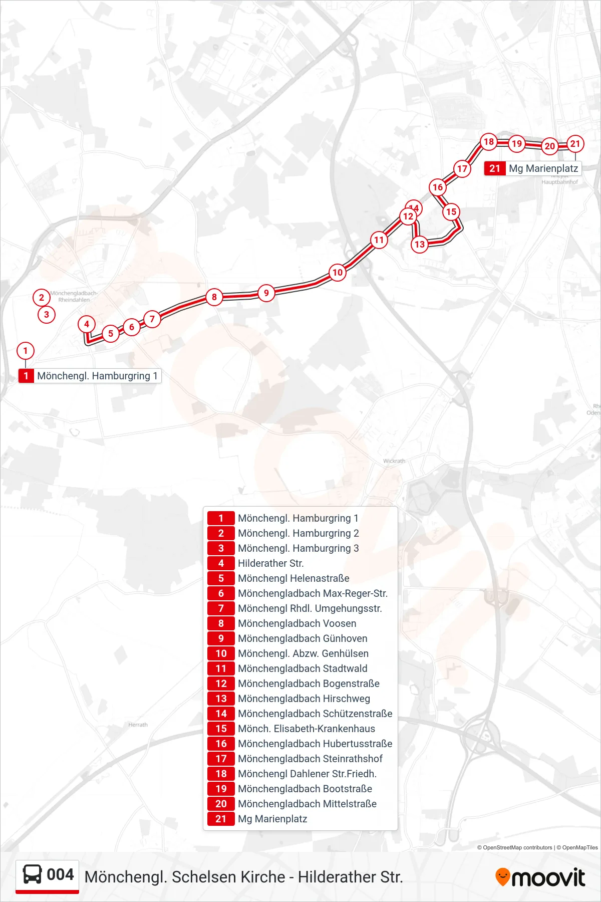 Linie 004 (Bus) Richtung Mg Marienplatz: Route und Haltestellen auf der Karte