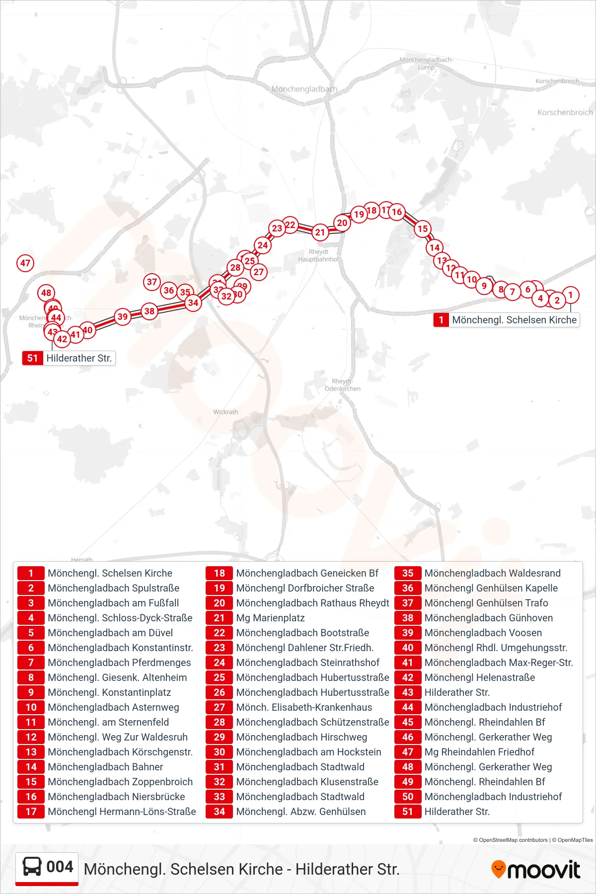 Linie 004 (Bus) Richtung Hilderather Str.: Route und Haltestellen auf der Karte