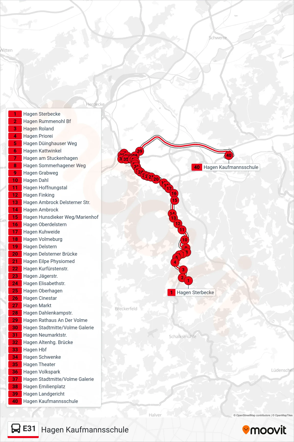 Linie E31 (Bus) Richtung Hagen Kaufmannsschule: Route und Haltestellen auf der Karte