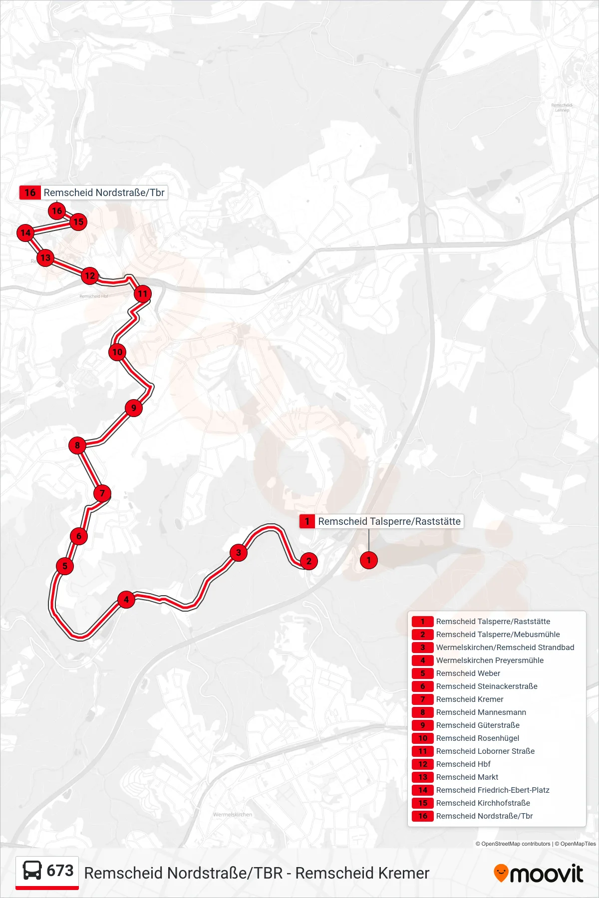 673 bus Line (Remscheid Nordstraße/Tbr) route and stops on a map