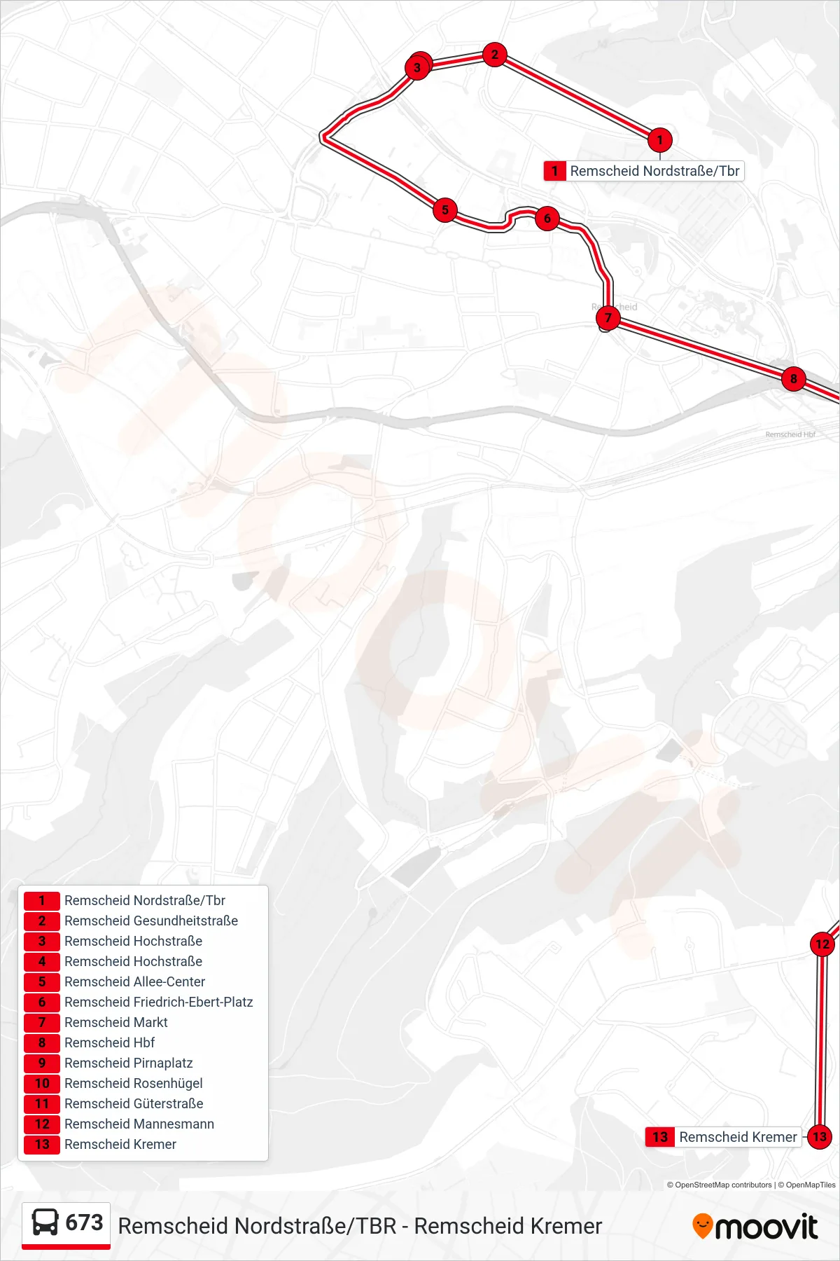 673 bus Line (Remscheid Kremer) route and stops on a map