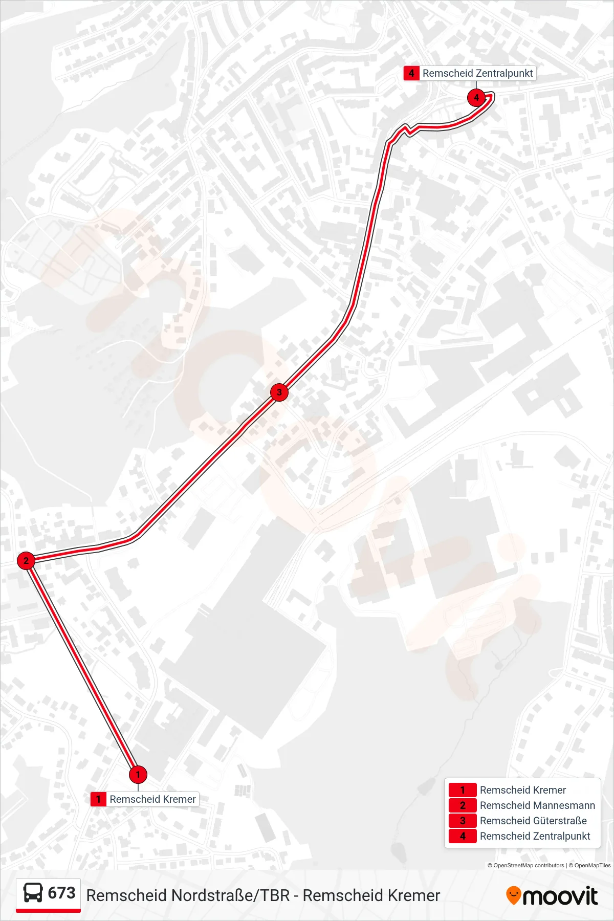 673 bus Line (Remscheid Zentralpunkt) route and stops on a map