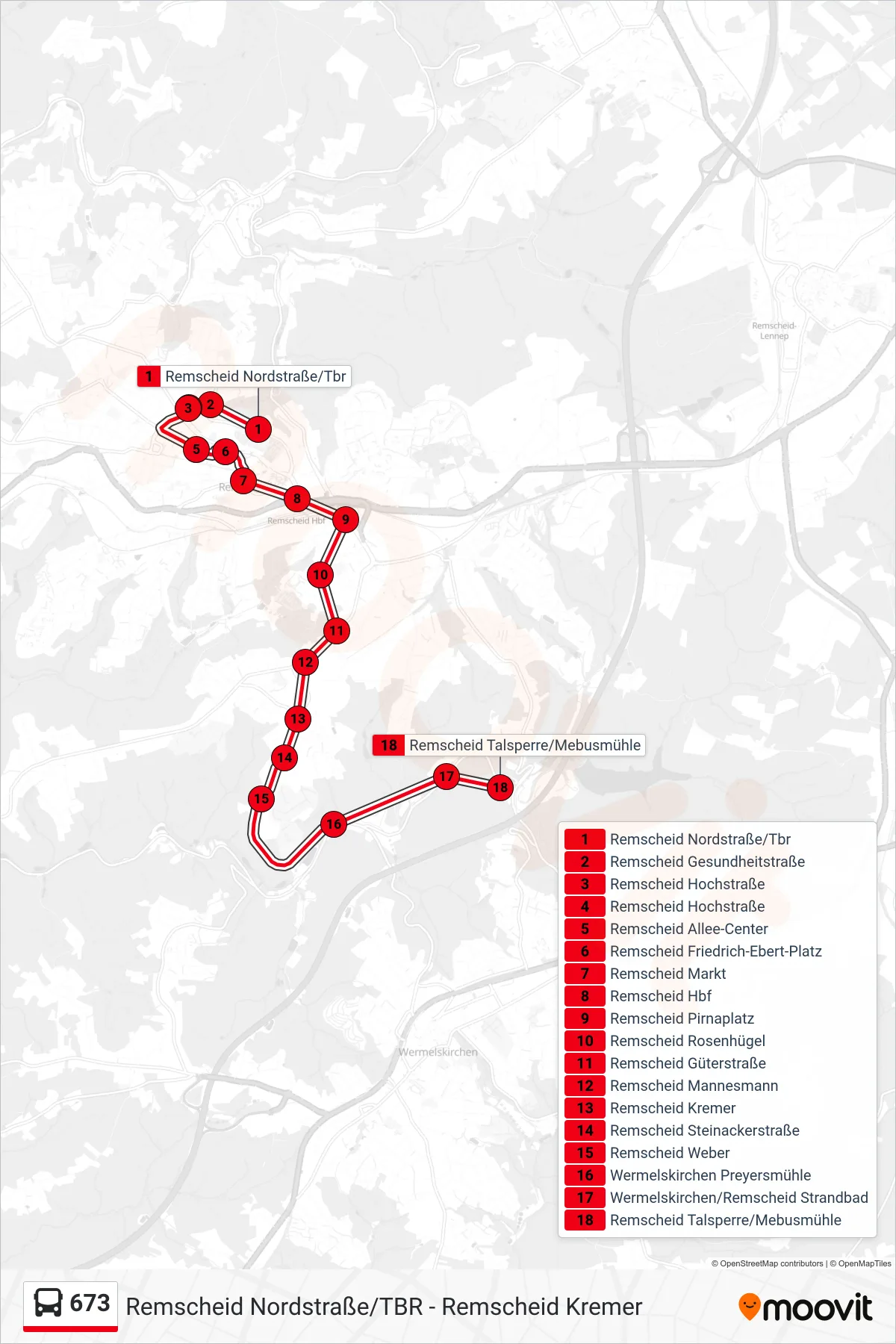 Linie 673 (Bus) Richtung Remscheid Talsperre/Mebusmühle: Route und Haltestellen auf der Karte
