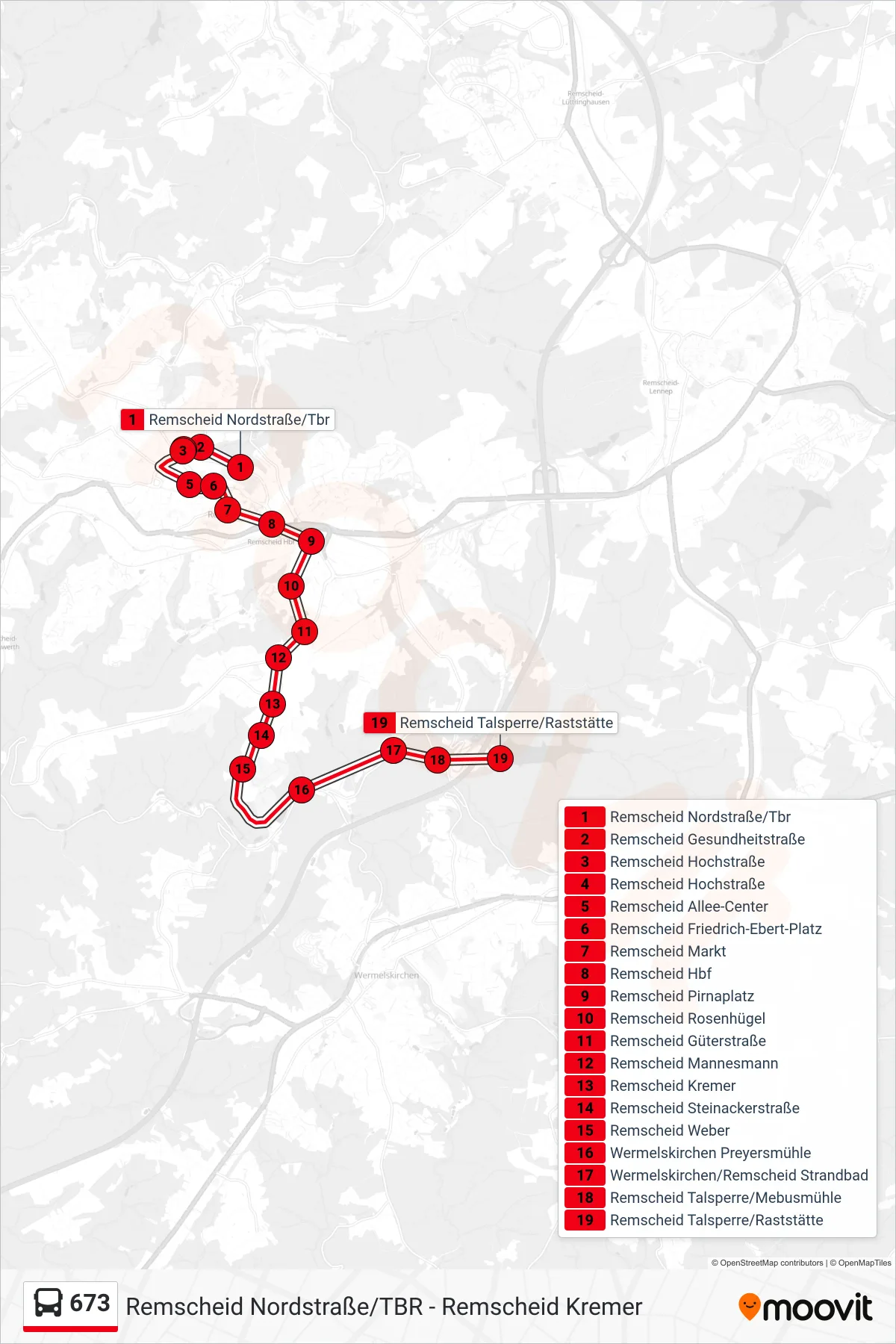 Linie 673 (Bus) Richtung Remscheid Talsperre/Raststätte: Route und Haltestellen auf der Karte