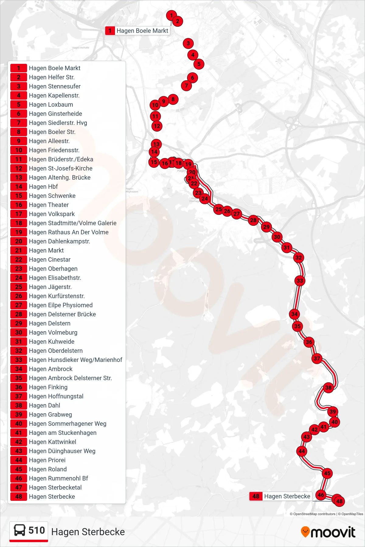 Linie 510 (Bus) Richtung Hagen Sterbecke: Route und Haltestellen auf der Karte