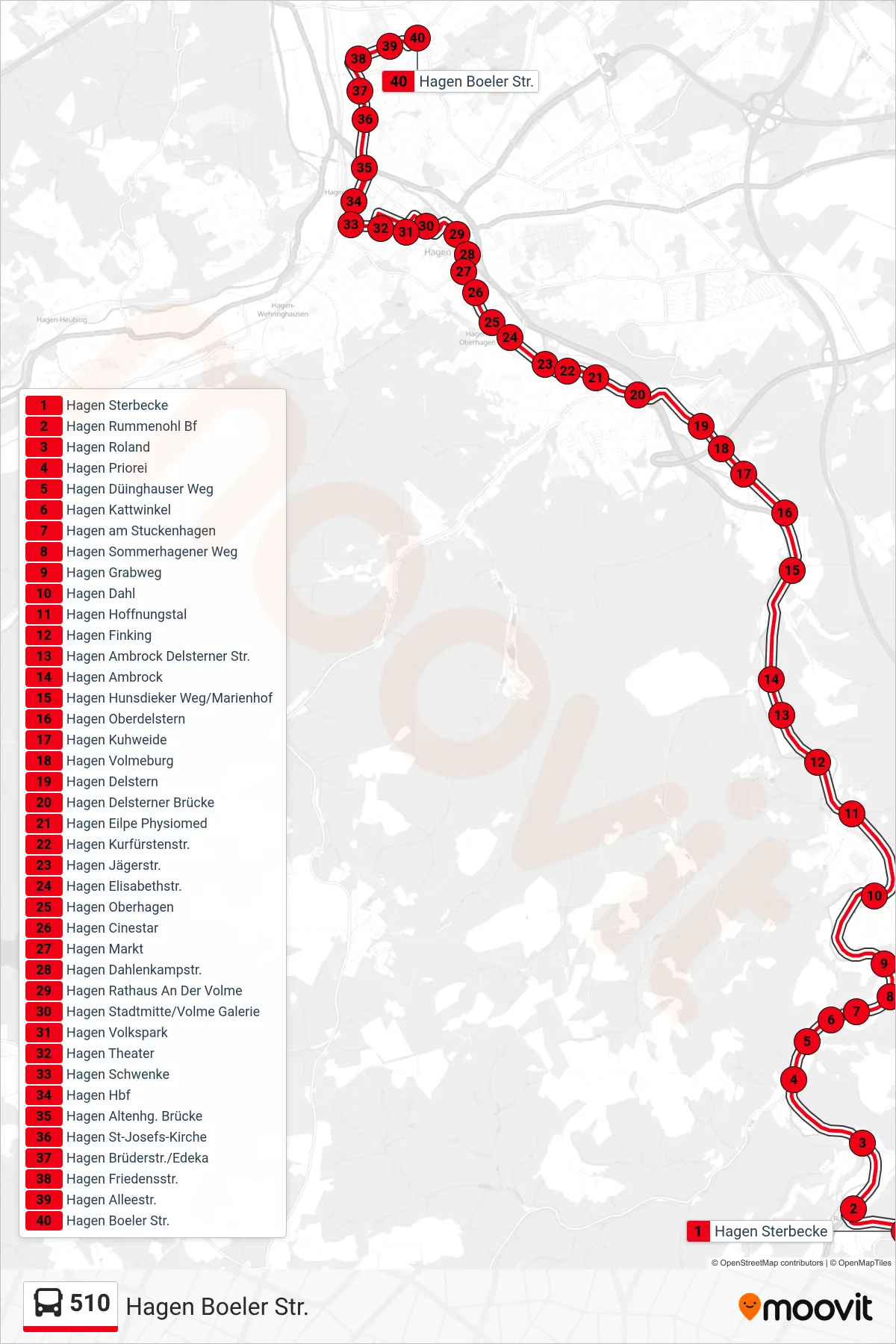 510 bus Line (Hagen Boeler Str.) route and stops on a map
