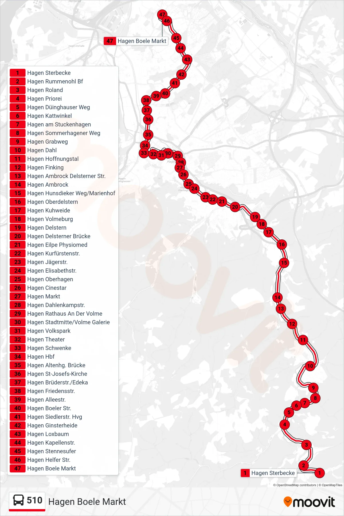 Linie 510 (Bus) Richtung Hagen Boele Markt: Route und Haltestellen auf der Karte