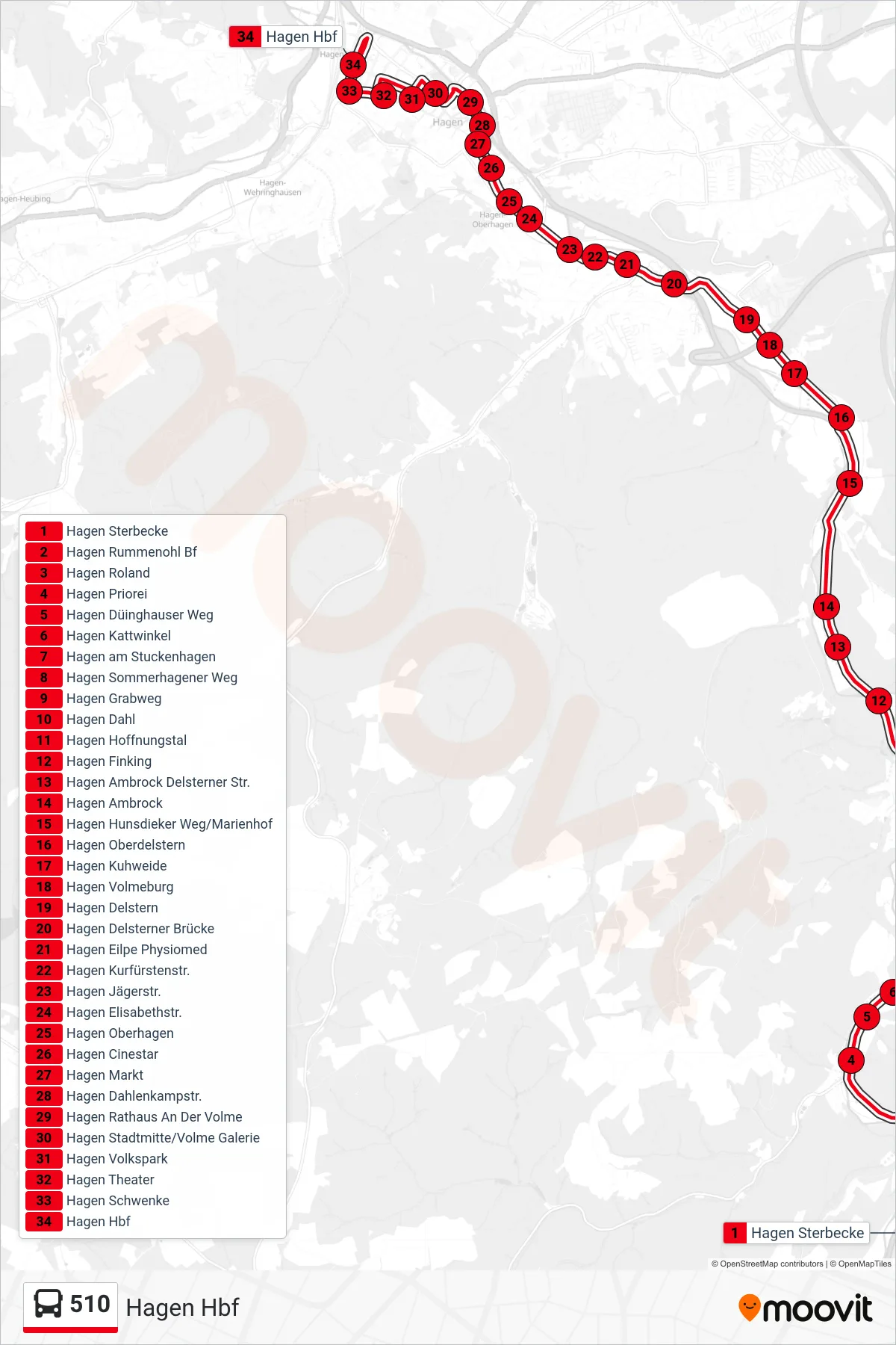 Linie 510 (Bus) Richtung Hagen Hbf: Route und Haltestellen auf der Karte