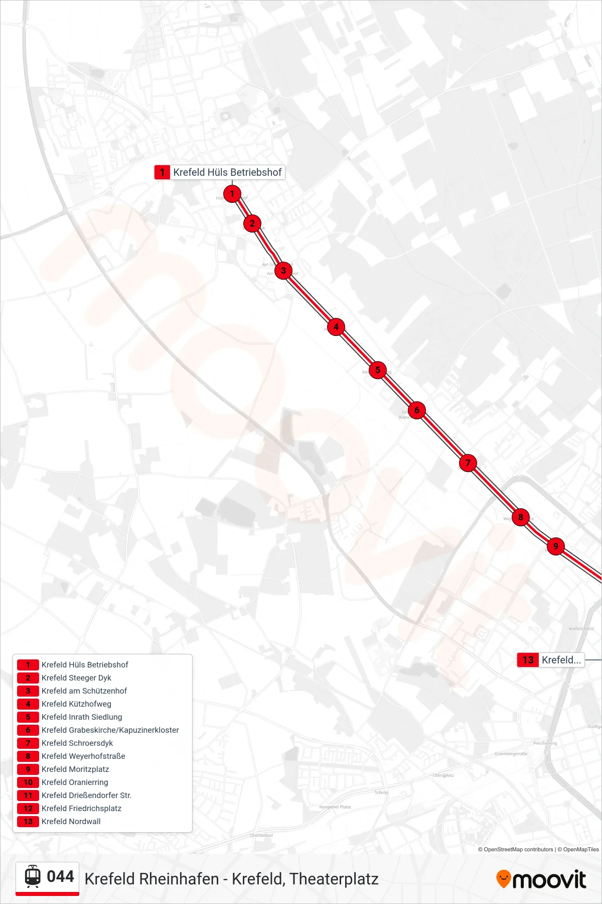 044 light rail Line (Krefeld Nordwall) route and stops on a map