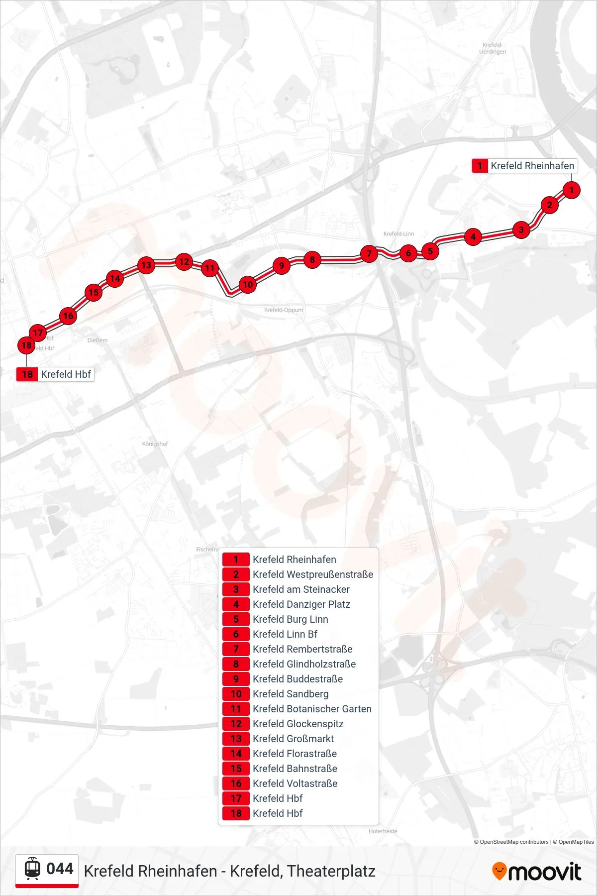 Linie 044 (Tram) Richtung Krefeld Hbf: Route und Haltestellen auf der Karte