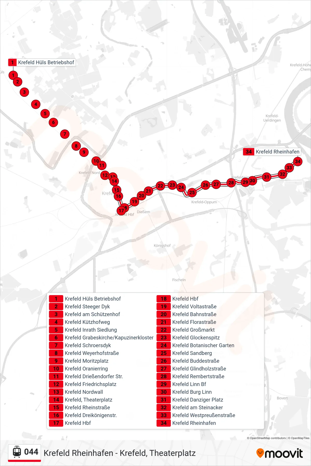 044 tram Line (Krefeld Rheinhafen) route and stops on a map