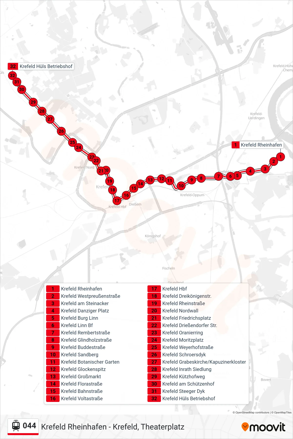 Linie 044 (Straßenbahn) Richtung Krefeld Hüls Betriebshof: Route und Haltestellen auf der Karte