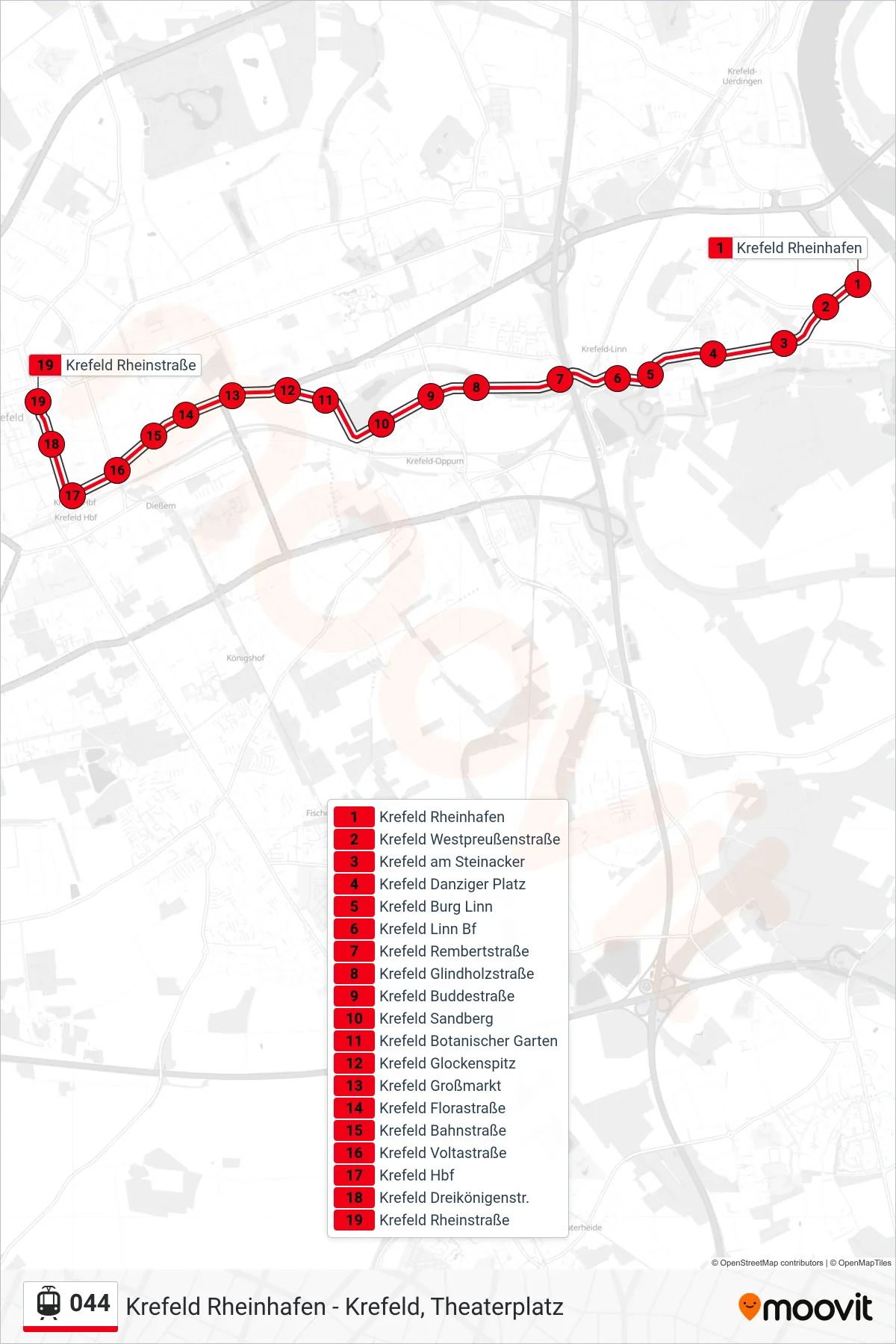 Linie 044 (Straßenbahn) Richtung Krefeld Rheinstraße: Route und Haltestellen auf der Karte