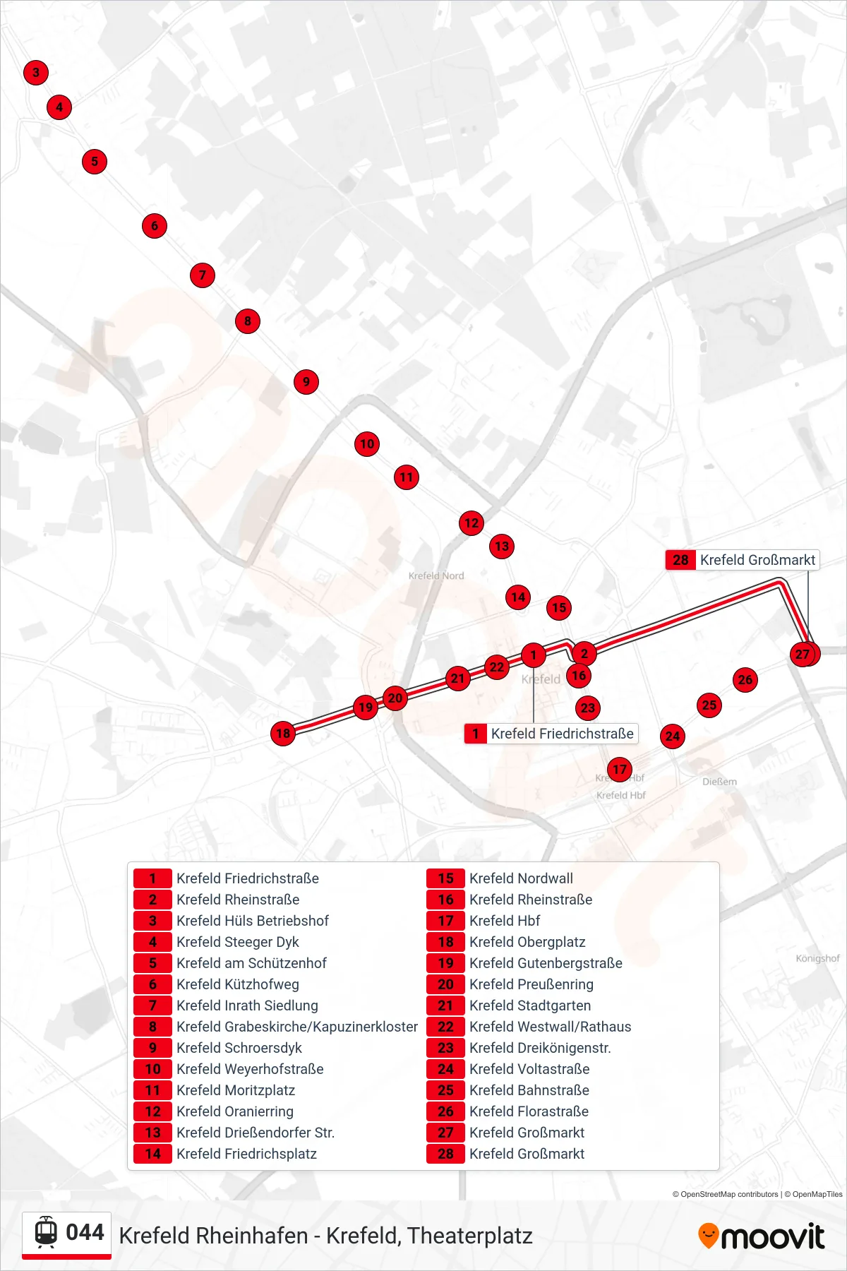 Linie 044 (Straßenbahn) Richtung Krefeld Großmarkt: Route und Haltestellen auf der Karte