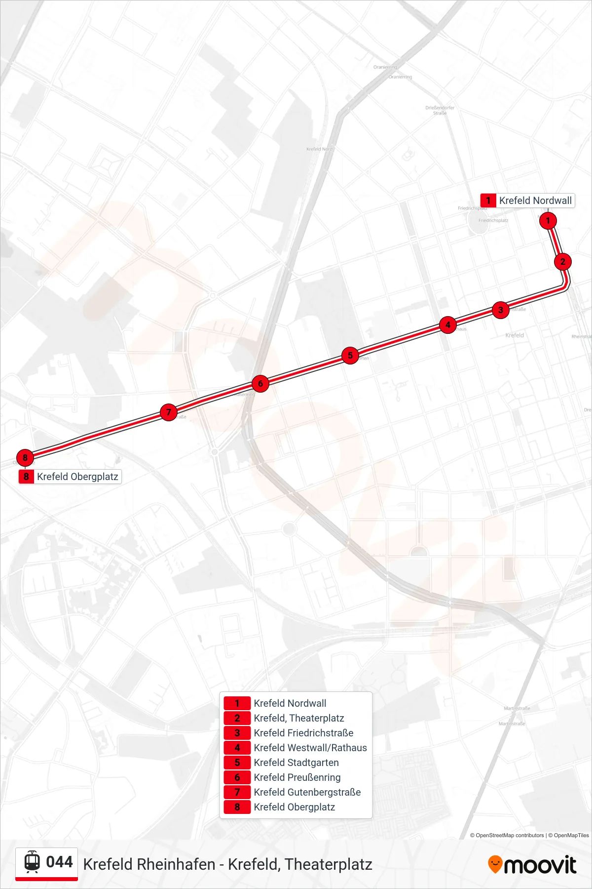 Linie 044 (Tram) Richtung Krefeld Obergplatz: Route und Haltestellen auf der Karte